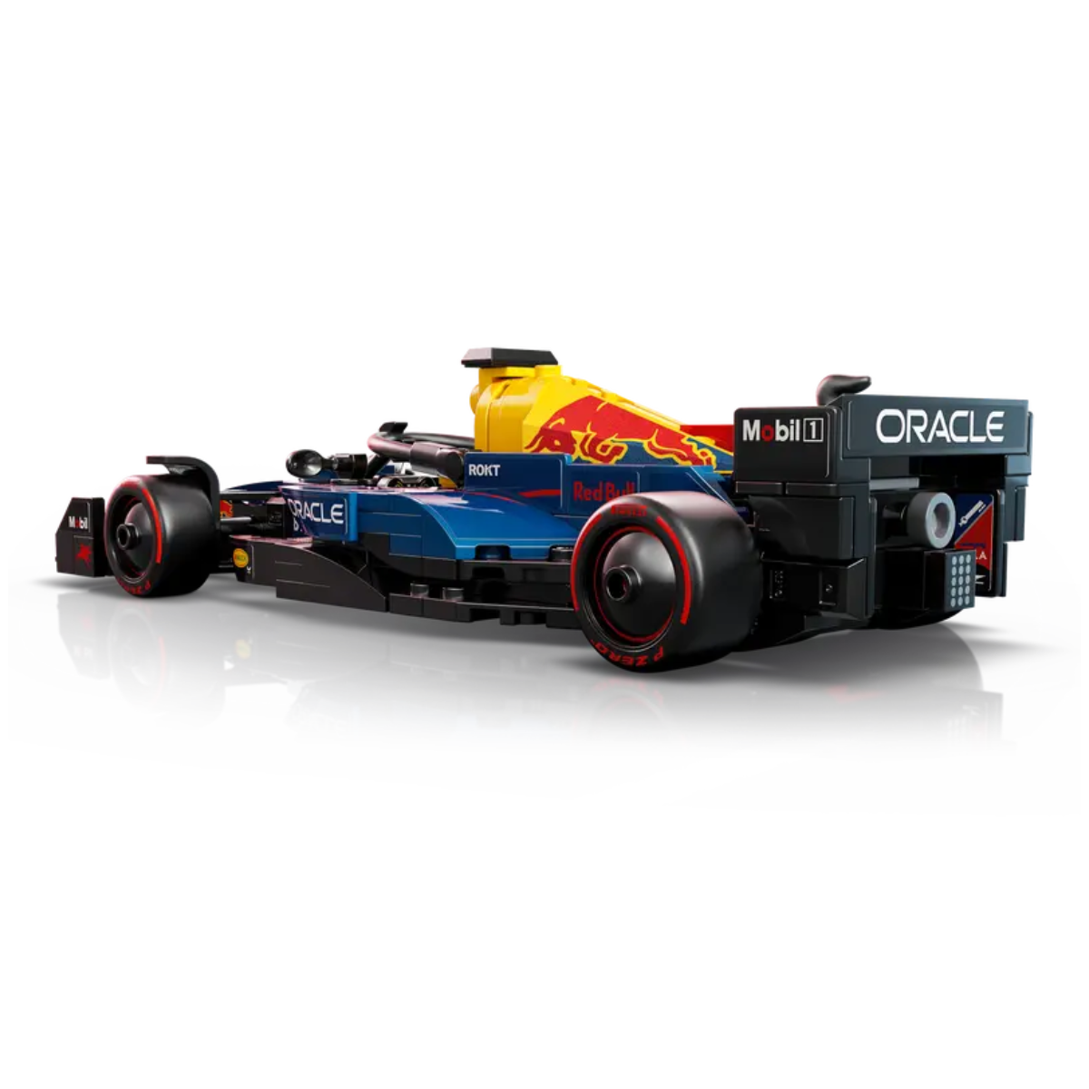 Modellino auto F1 Red Bull blu e giallo con loghi Oracle e Mobil 1.