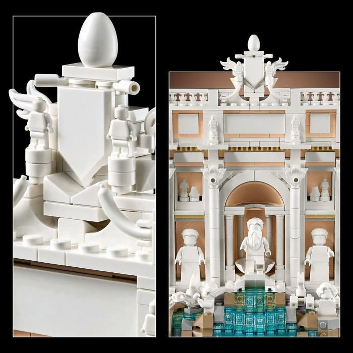 Figürler ve çeşme içeren beyaz Lego barok cephe modeli.