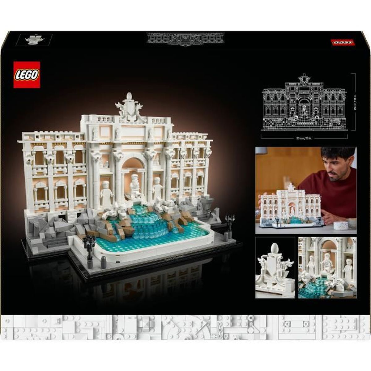 Lego Trevi Çeşmesi modeli, su özellikleri ve heykellerle, teşhir kutusunda.