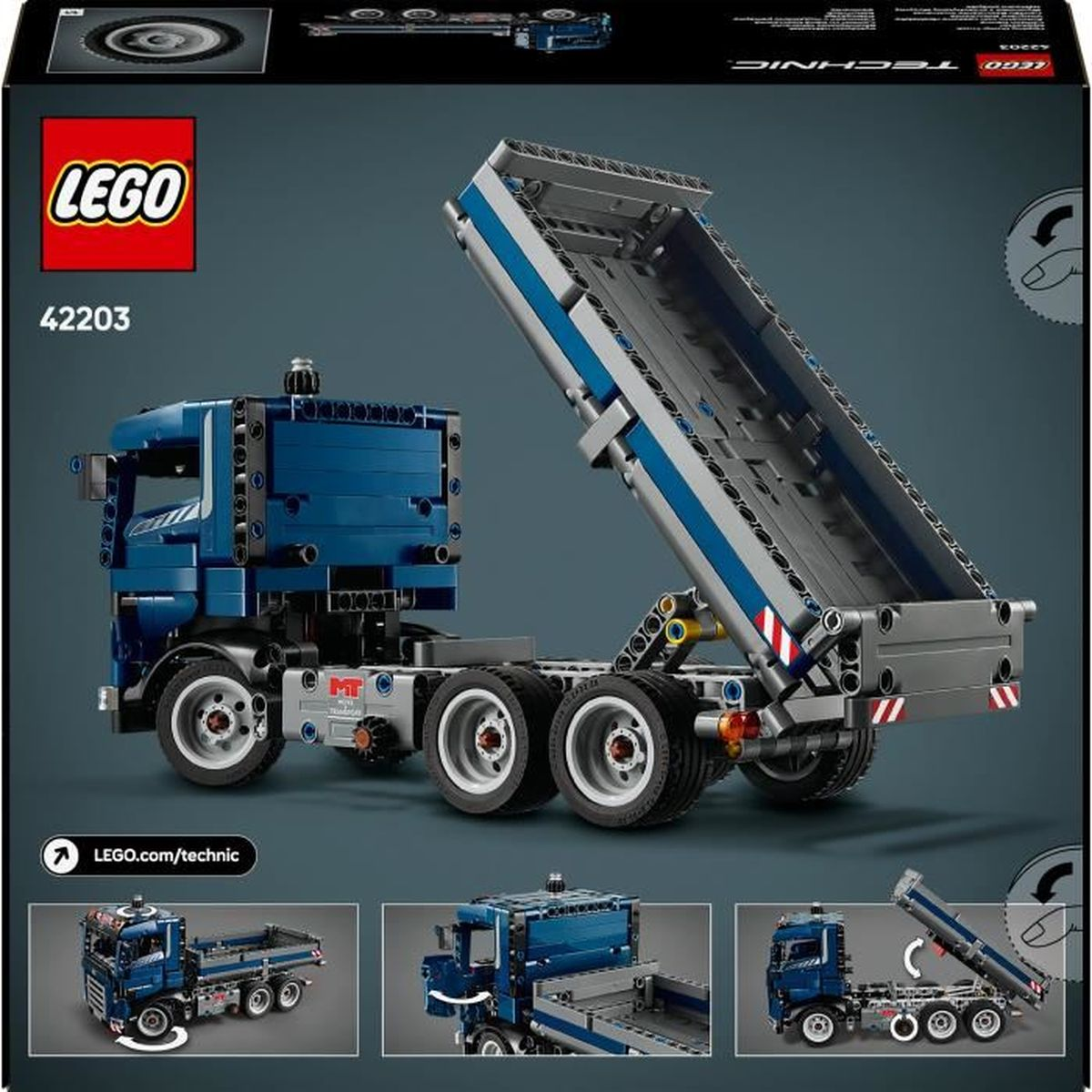 Mavi LEGO Technic damperli kamyon, kaldırılmış kasasıyla, detaylı görünüm.