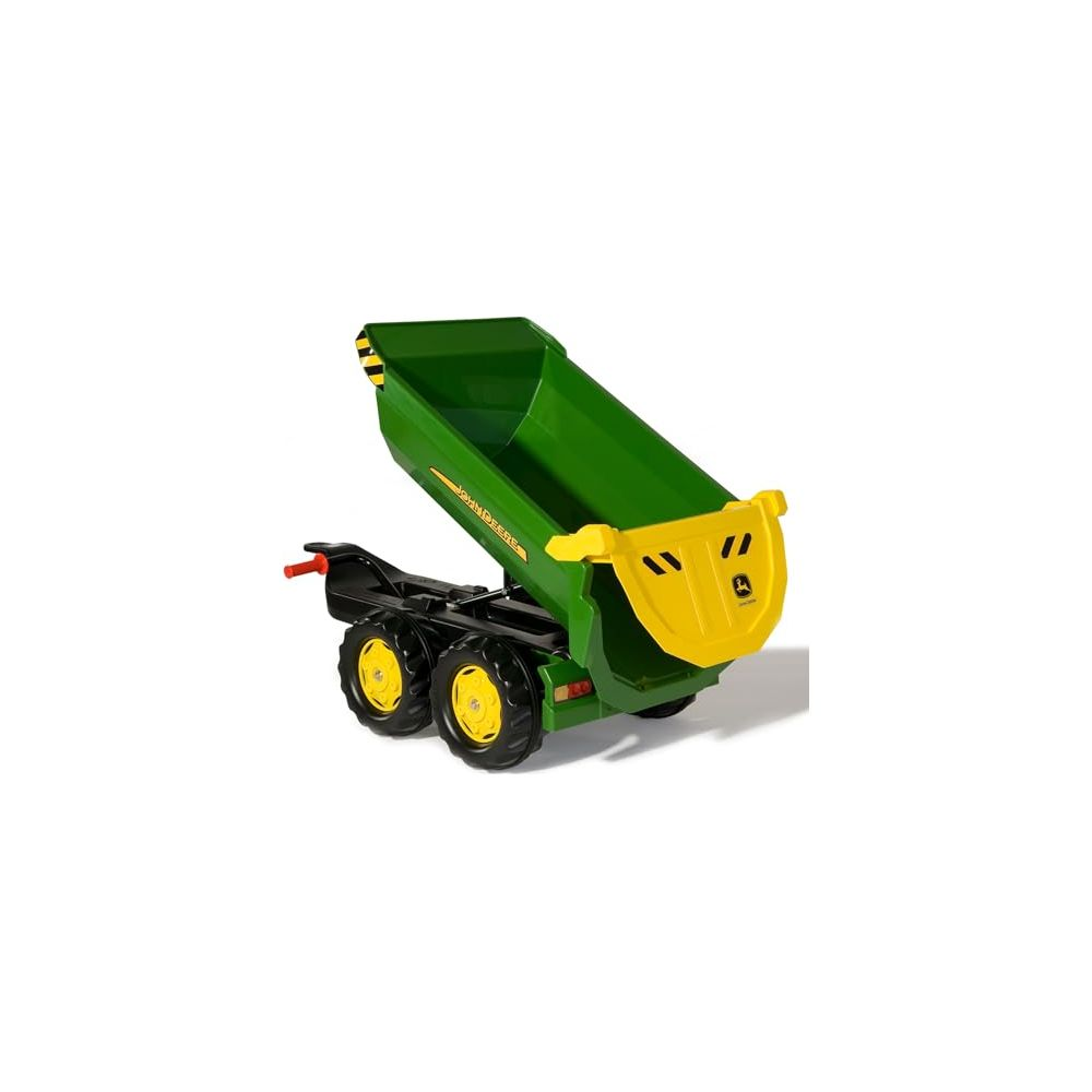 Grüner und gelber John Deere Spielzeugkipper mit angehobenem Bett.