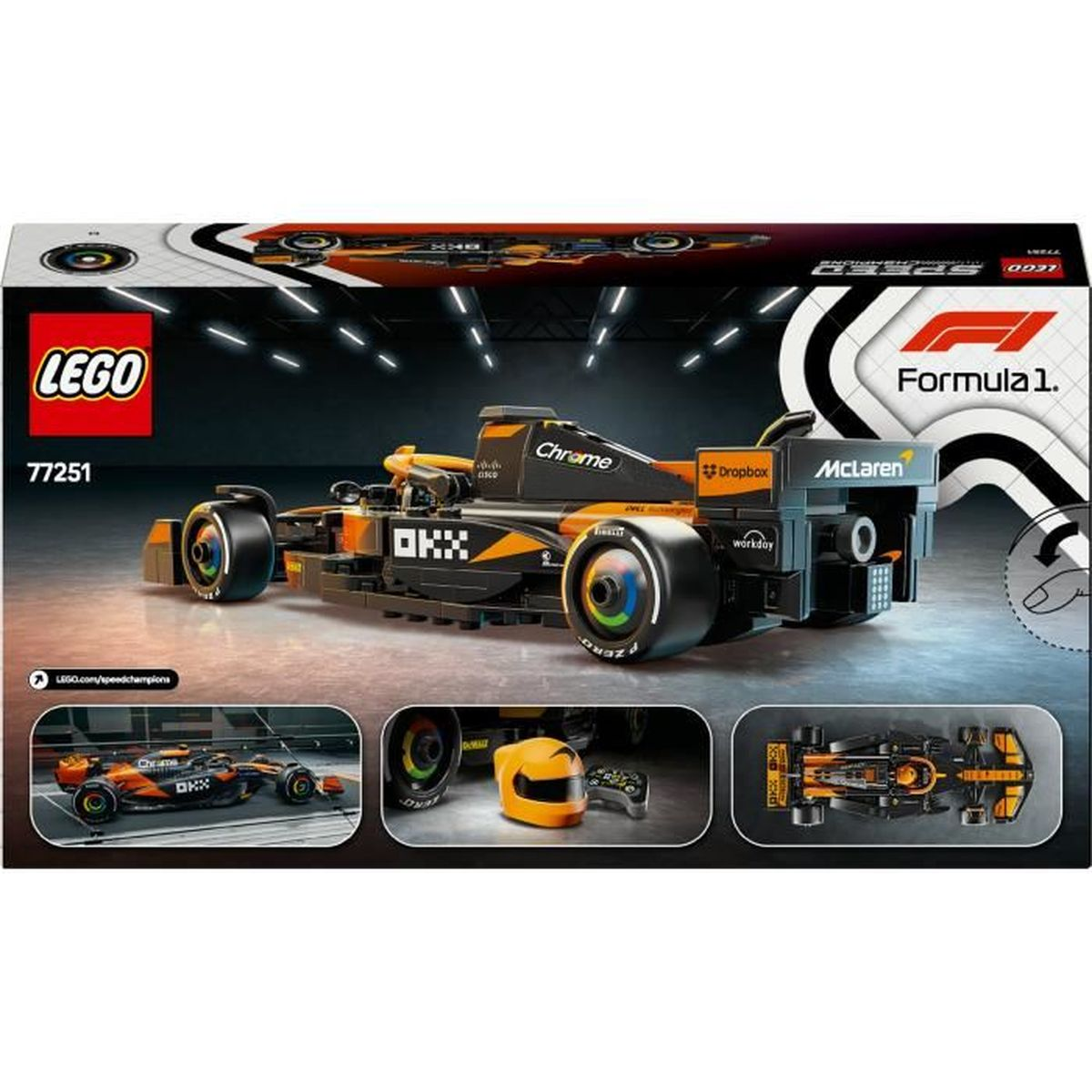 LEGO McLaren Formula 1 araba, turuncu ve siyah detaylar, ambalaj üzerinde.