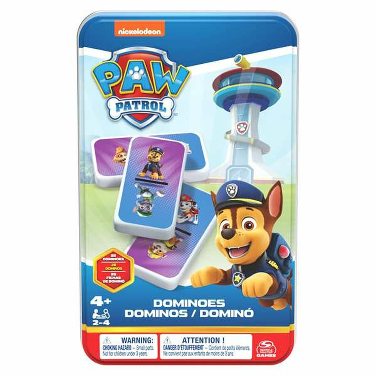 Set de dominós de Paw Patrol con Chase y la Torre de Vigilancia en la caja.