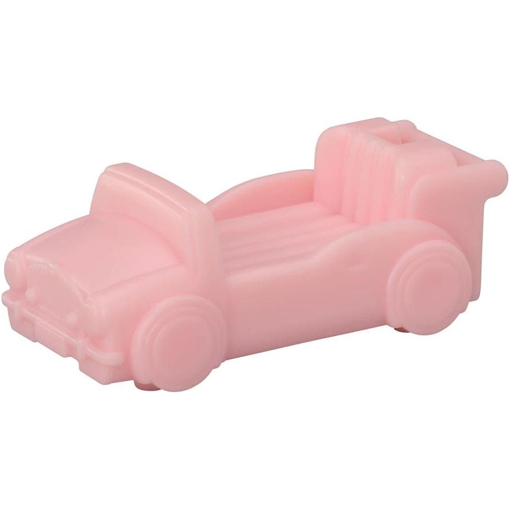 Un recorte de coche de juguete rosa sin techo, con asientos.