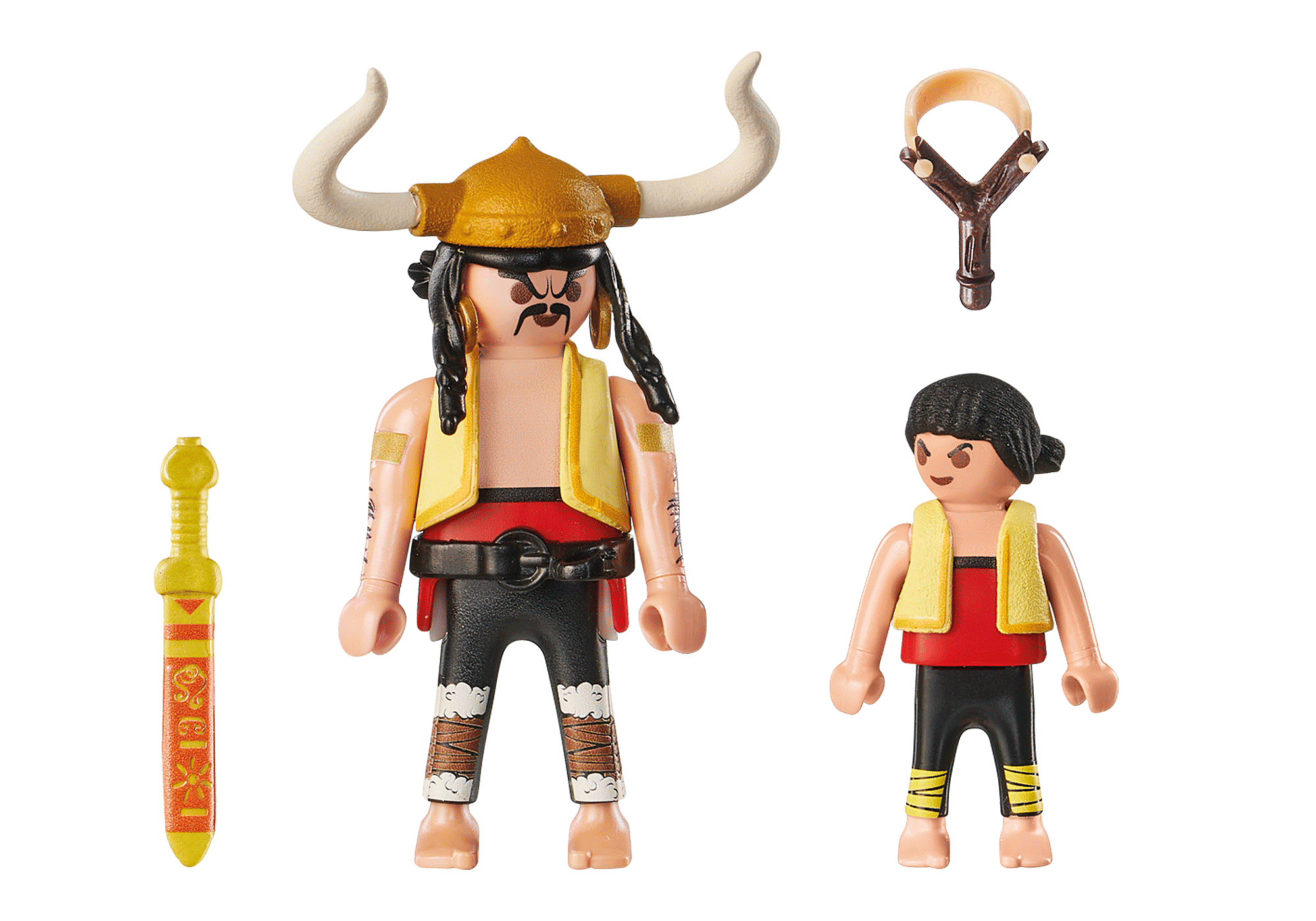 Dwie figurki Playmobil, miecz, proca na białym tle.
