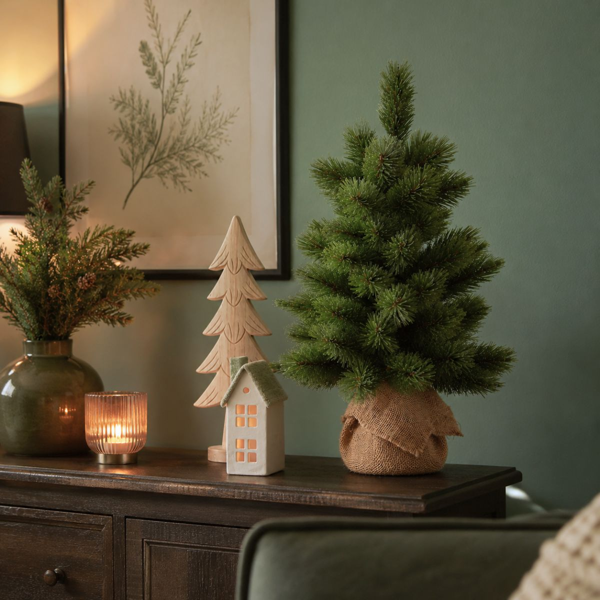 Un petit sapin de Noël, un arbre en bois, une lumière de maison et une bougie sur une armoire sombre.