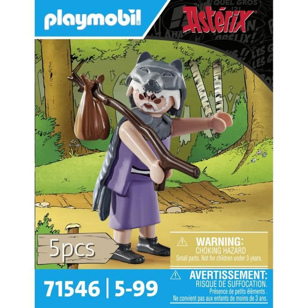 Personaggio Playmobil in costume da lupo con bastone e sacca marrone davanti a foresta.