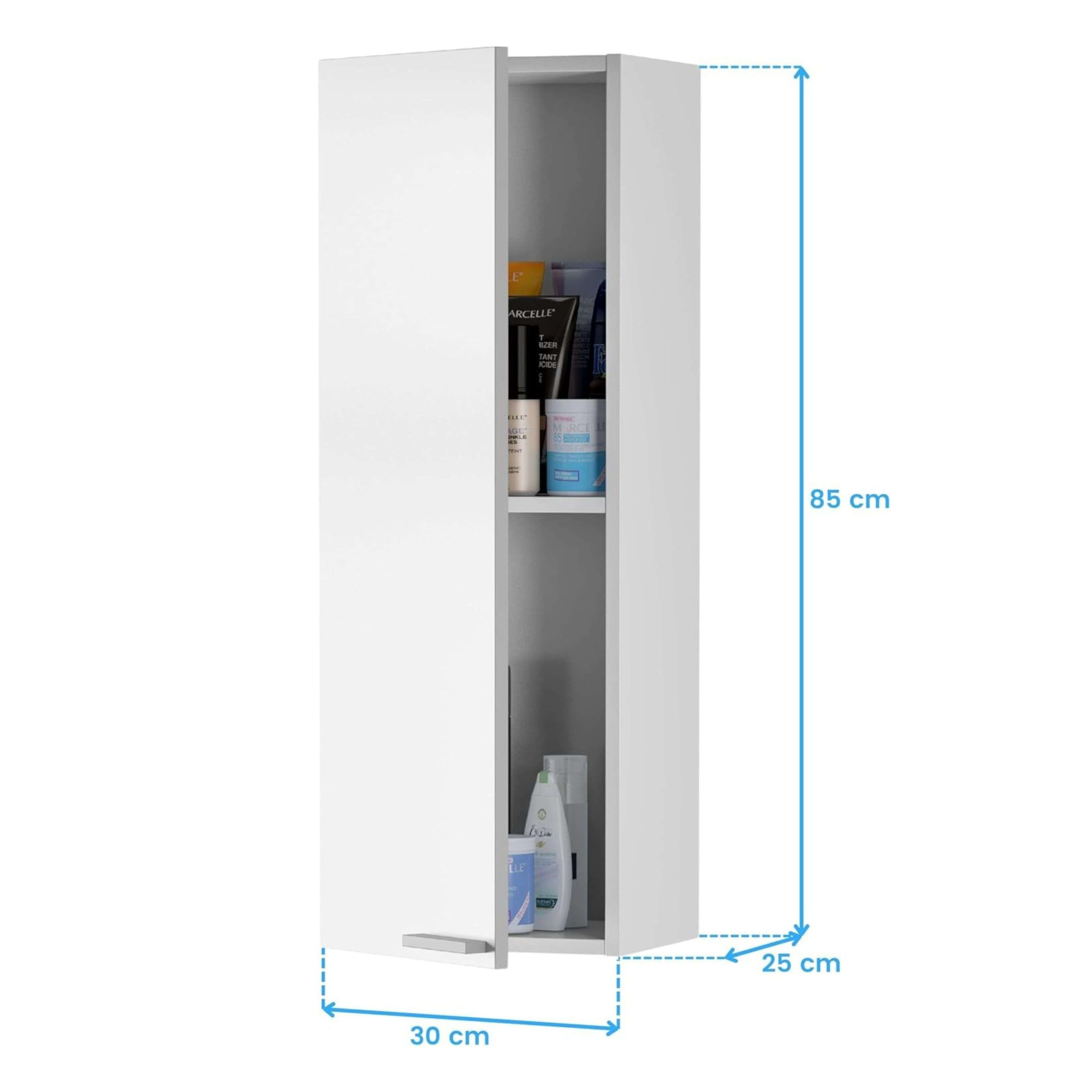 Un mueble alto blanco con puerta abierta, mostrando artículos de tocador. Dimensiones 85x30x25 cm.