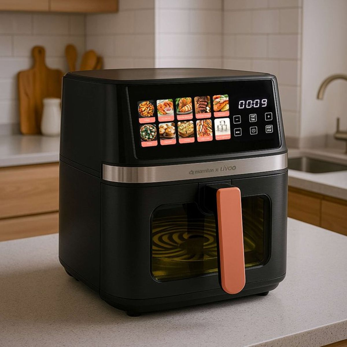Una friggitrice ad aria nera con touchscreen che mostra vari piatti e un timer.