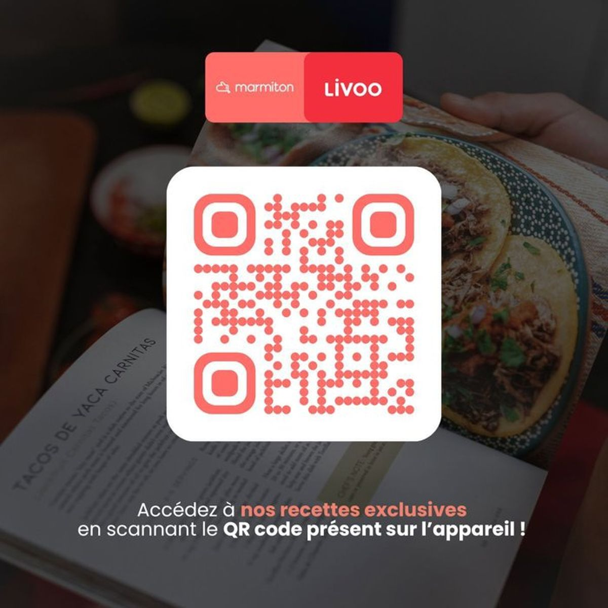 Un codice QR Marmiton Livoo su un libro di ricette di taco.