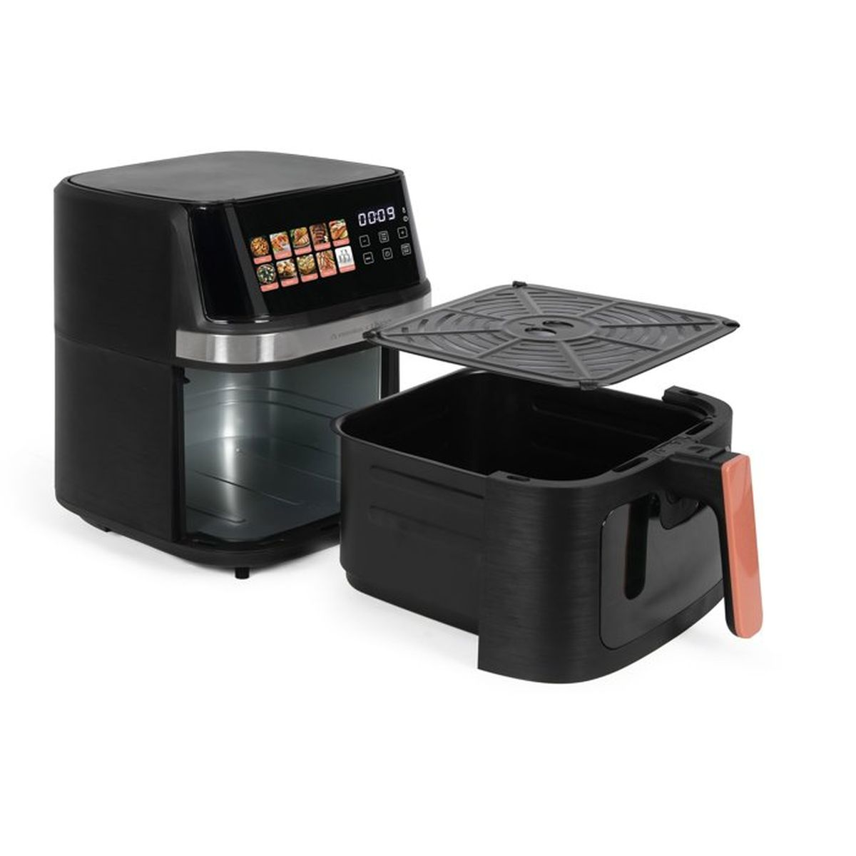 Friggitrice ad aria nera con display digitale e cestello rimovibile con manico in rame.