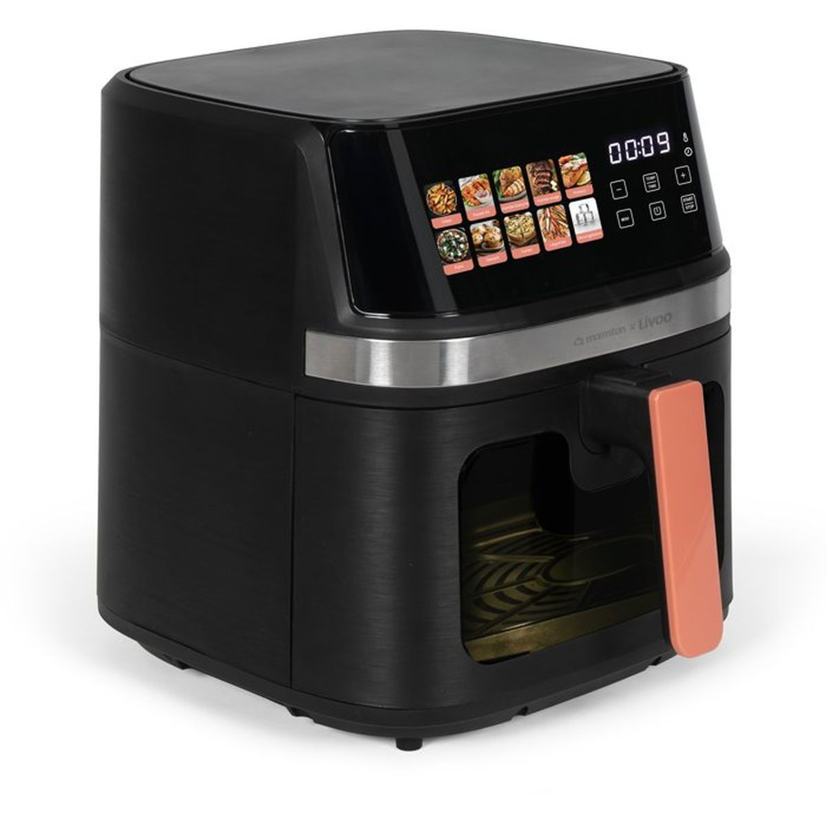 Friggitrice ad aria nera con display digitale e manico color corallo.