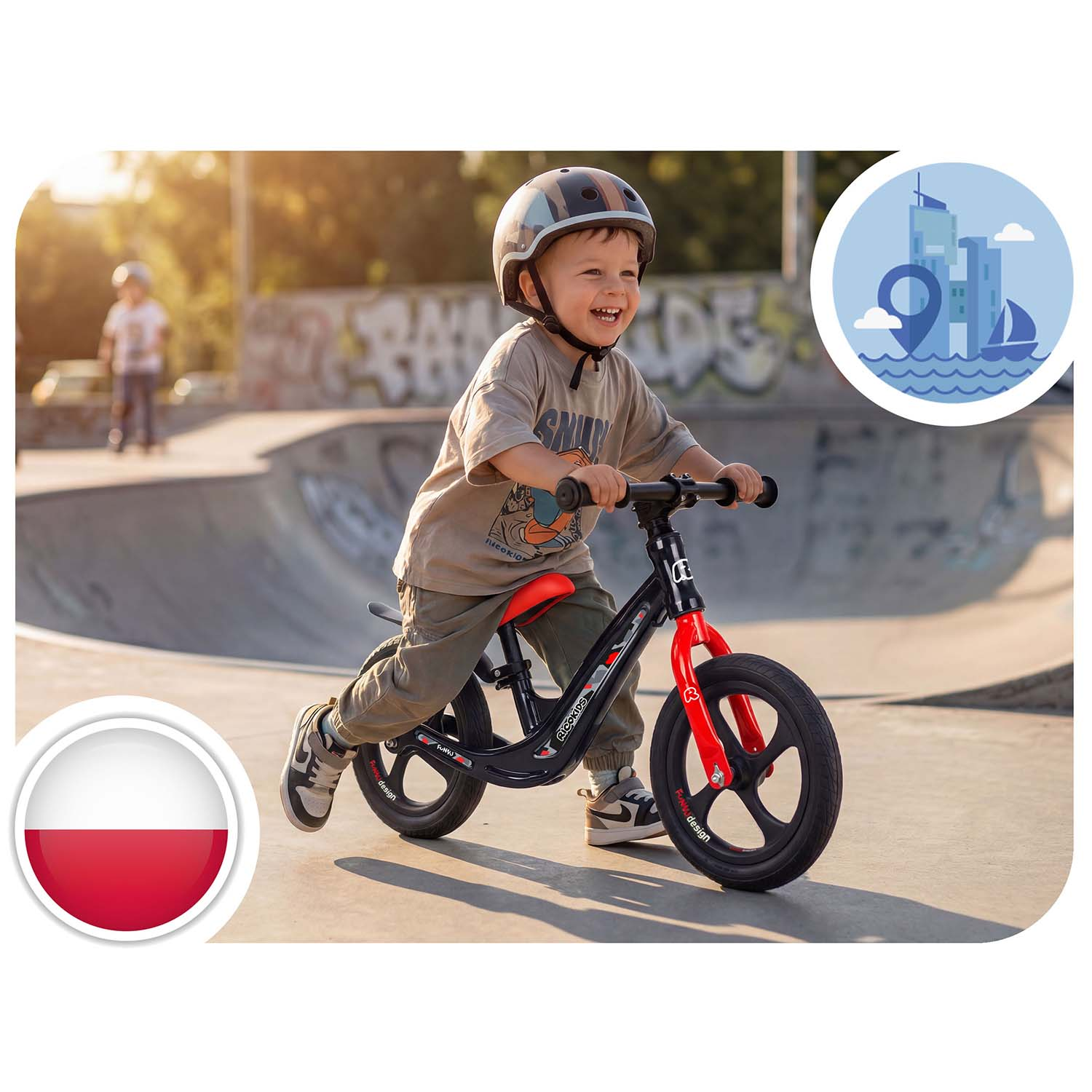 Chłopiec w kasku jedzie rowerkiem biegowym na skateparku. Ikona polskiej flagi.