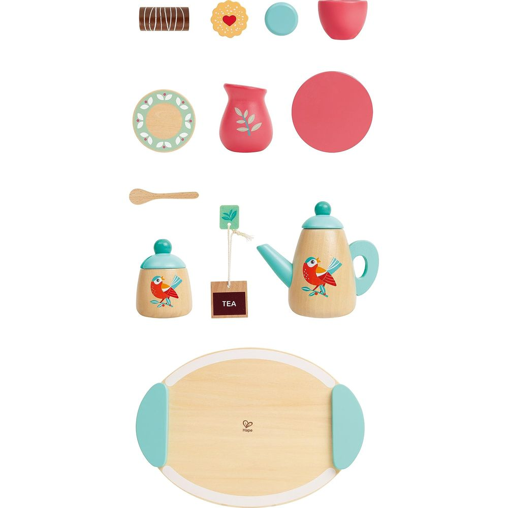 Set da tè giocattolo in legno con teiera, tazza, ciotola, biscotti e vassoio.