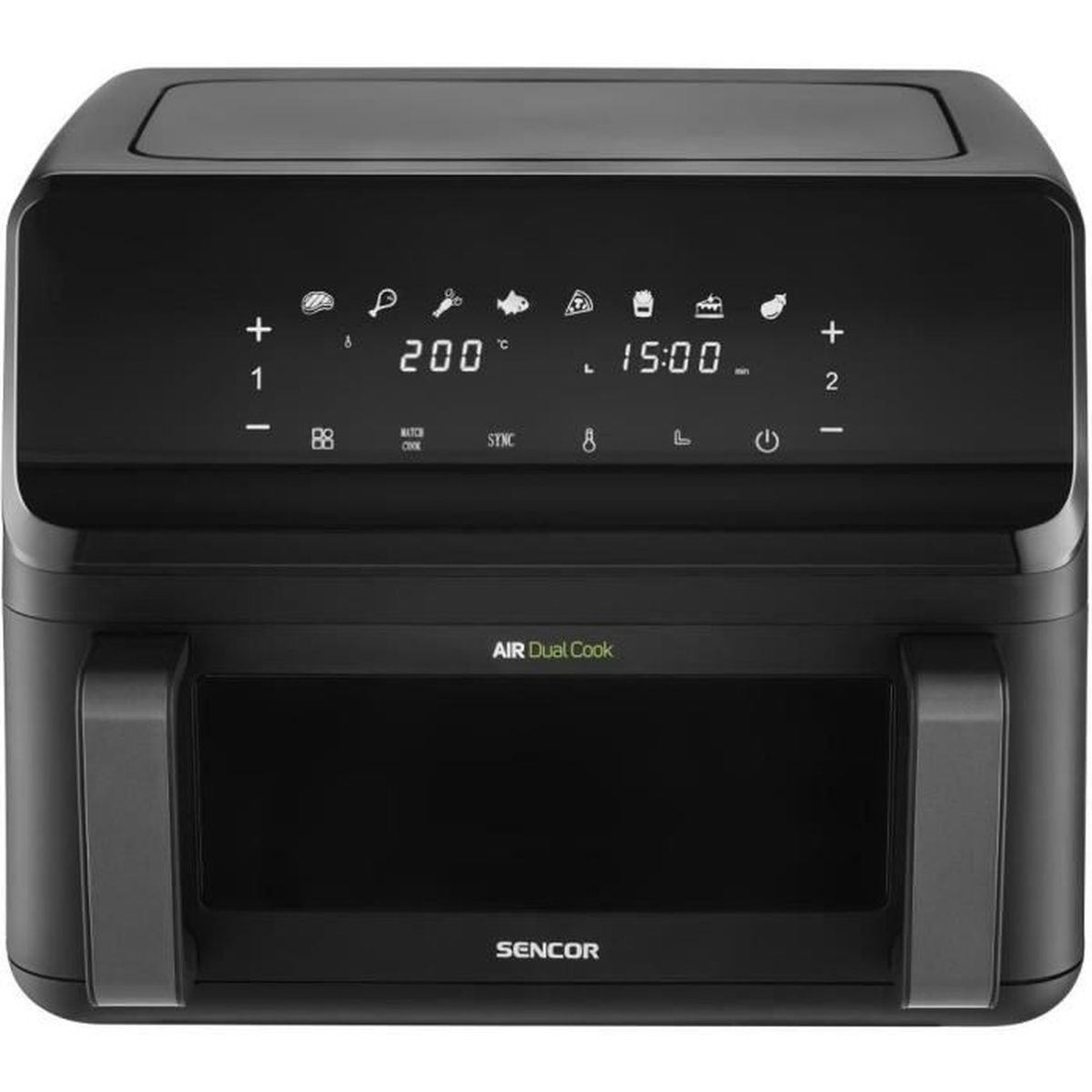 Friggitrice ad aria Sencor Air Dual Cook nera con display digitale che mostra 200 gradi e 15 minuti.