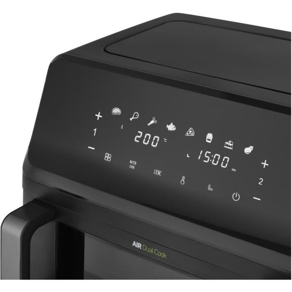 Il display della friggitrice ad aria nera mostra 200 gradi e timer 15:00.