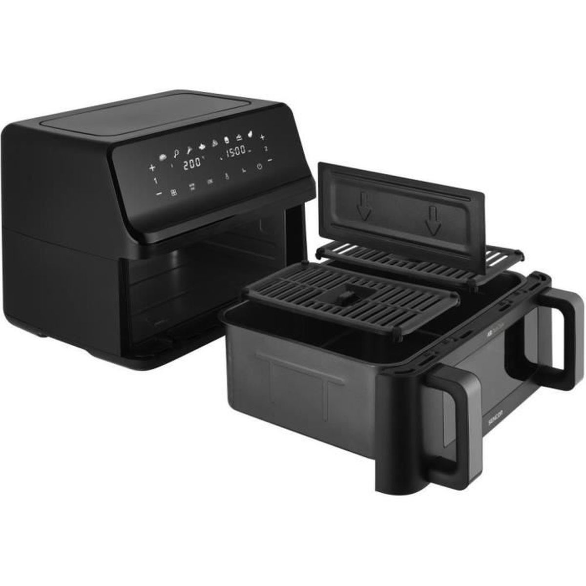 Friggitrice ad aria nera con cestello e griglie rimossi.