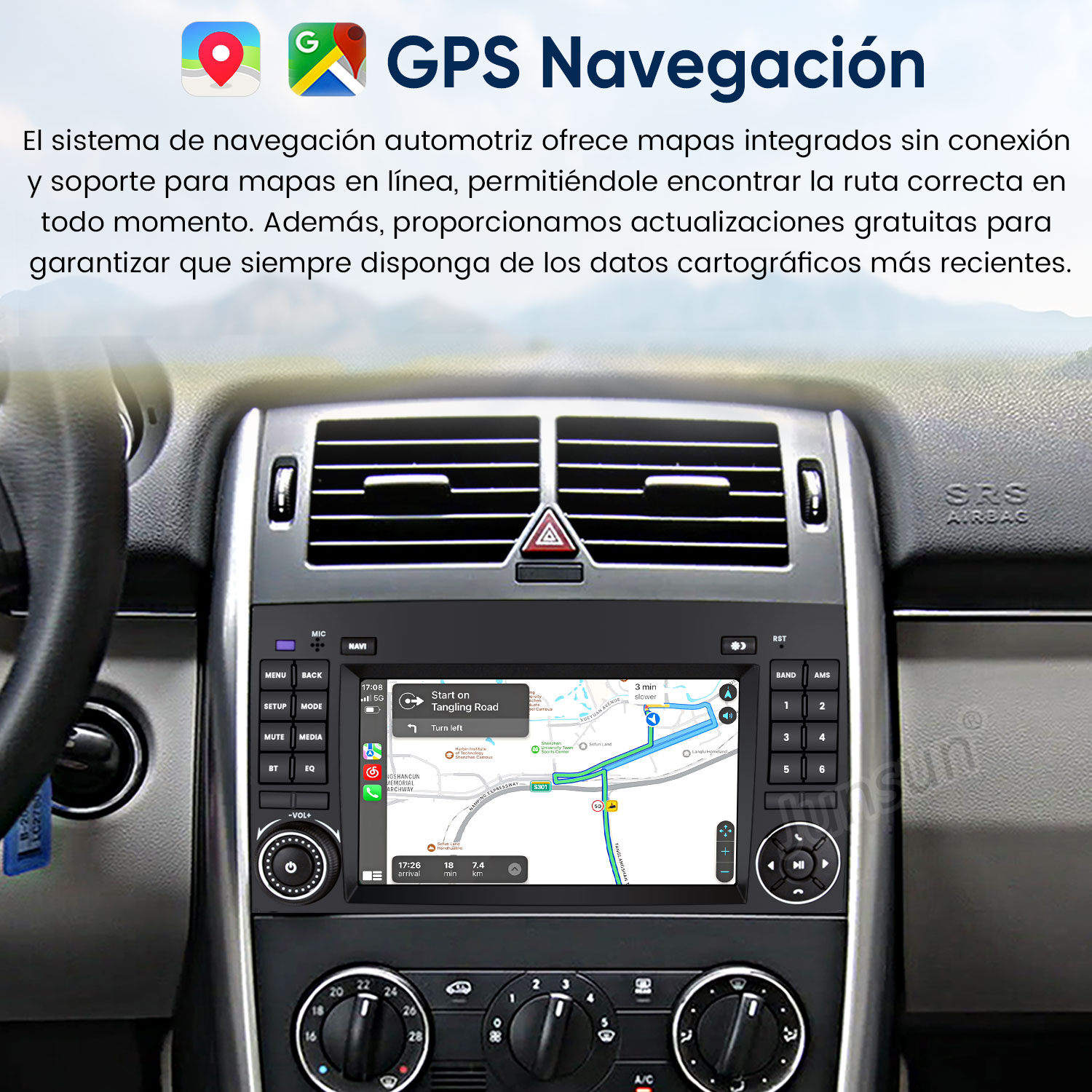 Salpicadero de coche con pantalla de navegación GPS que muestra una ruta.