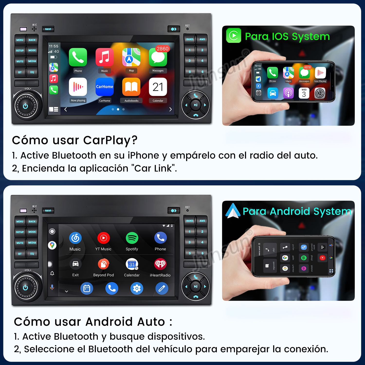 Pantallas muestran CarPlay y Android Auto con iconos, instrucciones en español.