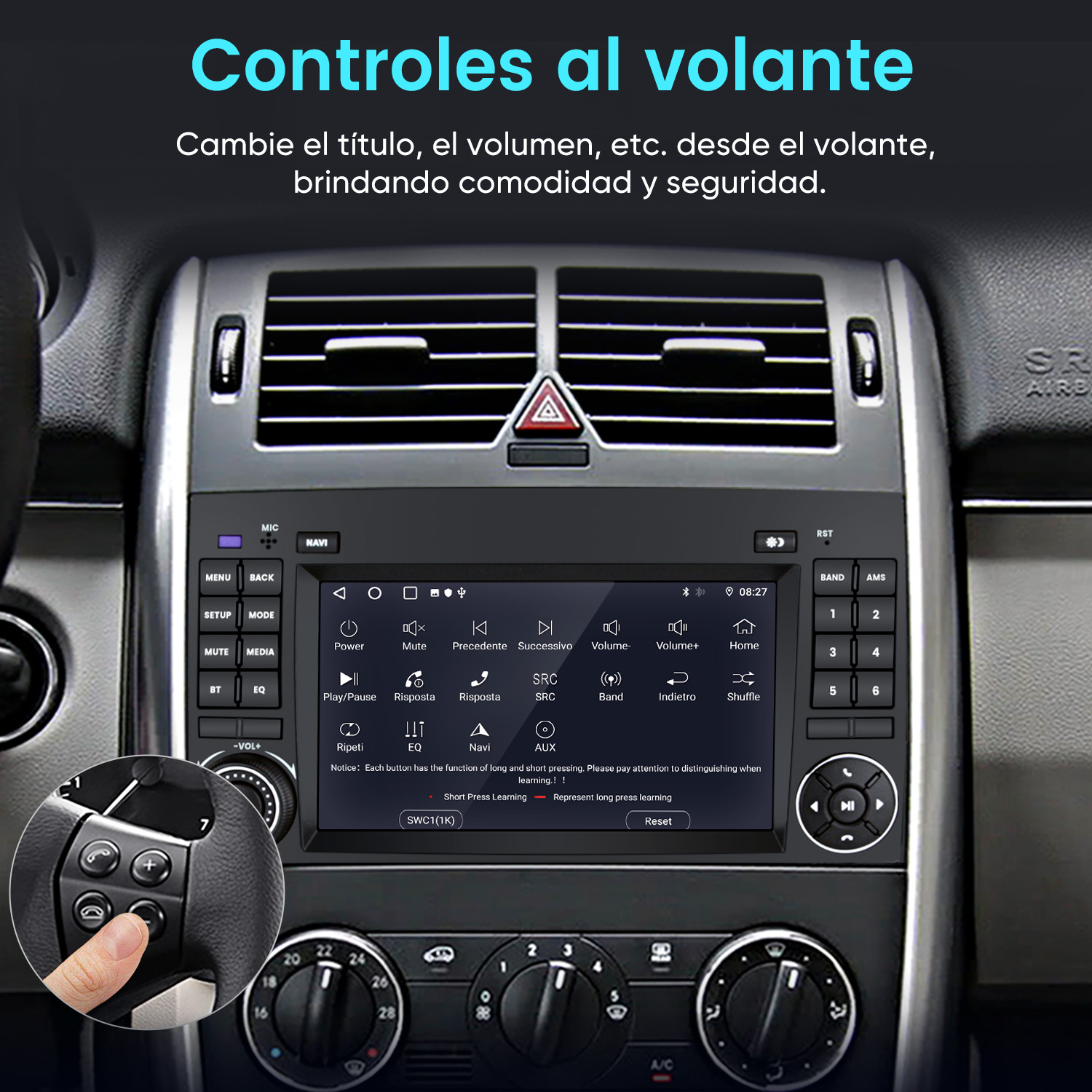Un dedo opera botones del volante mientras la pantalla de un estéreo de coche muestra controles.