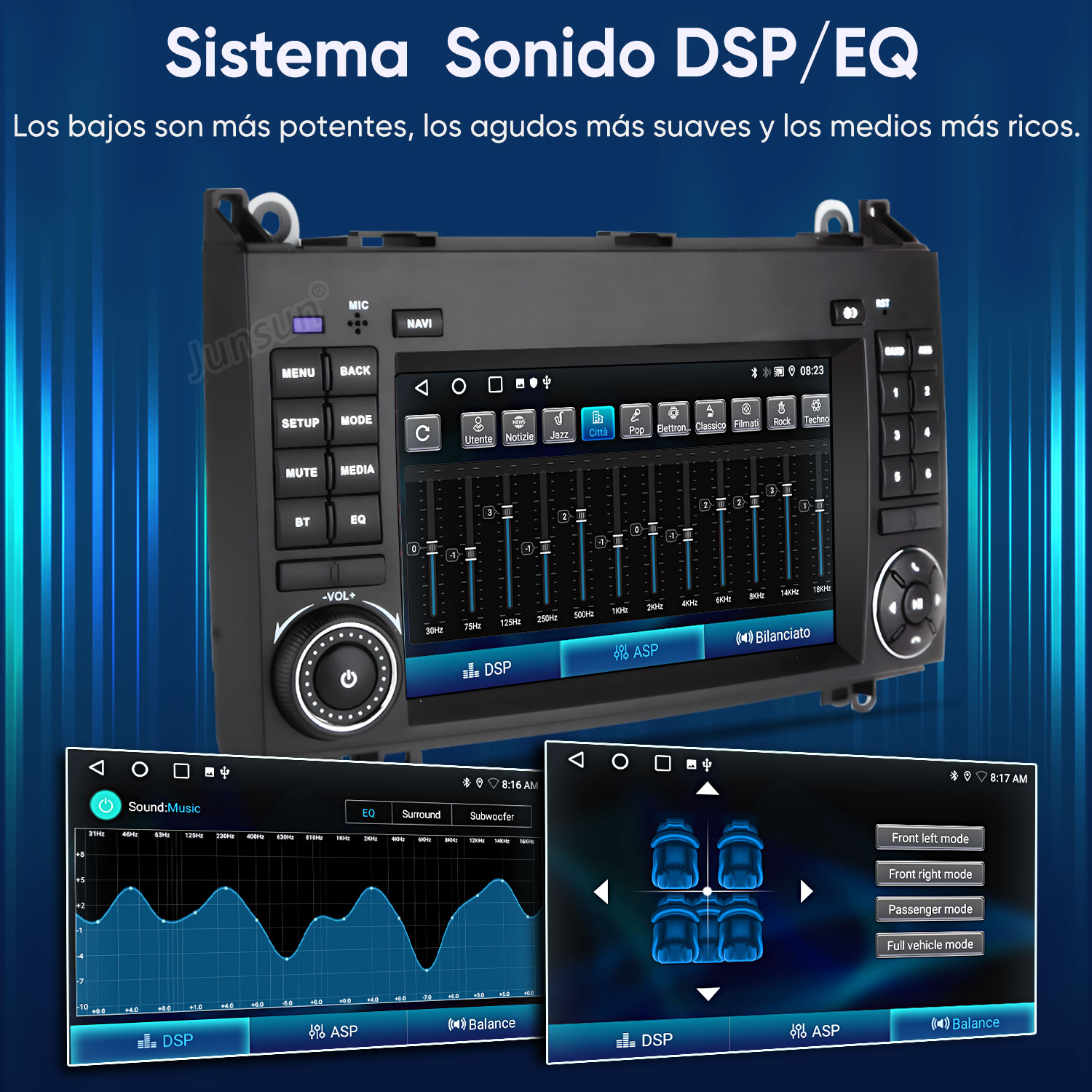 Una pantalla de autorradio muestra un gráfico de ecualización y ajuste de sonido.