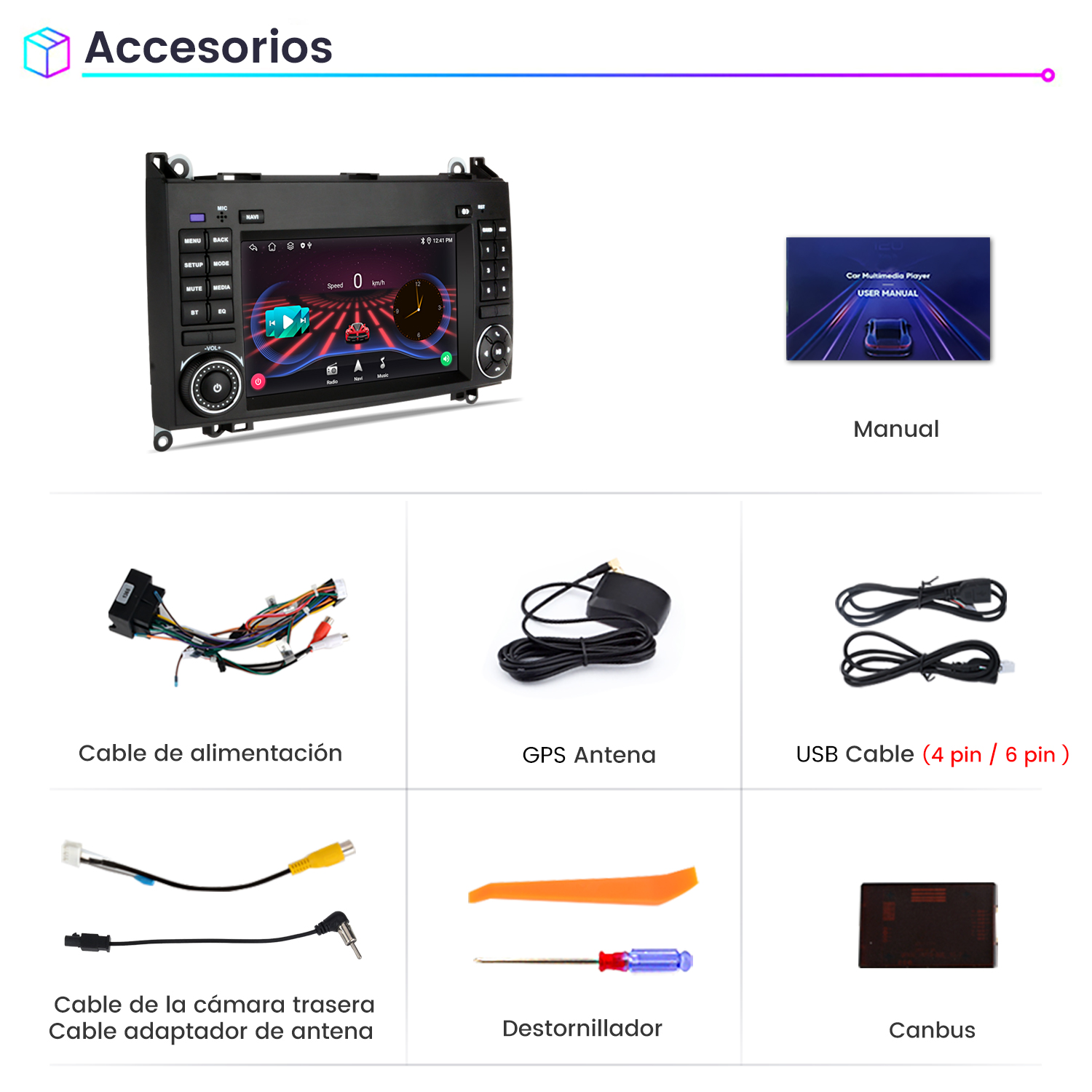 Accesorios para coche: Radio de coche, cables, antena, destornillador y Canbus.