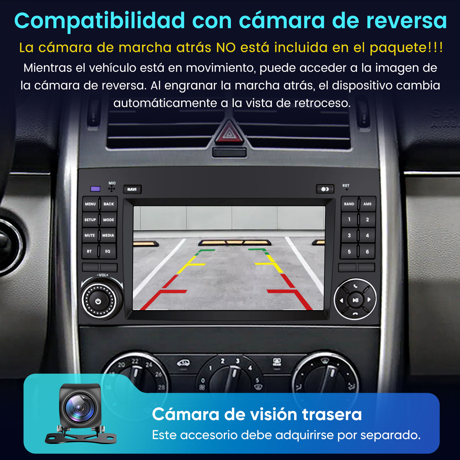 Pantalla de cámara de reversa de coche con líneas y cámara separada.