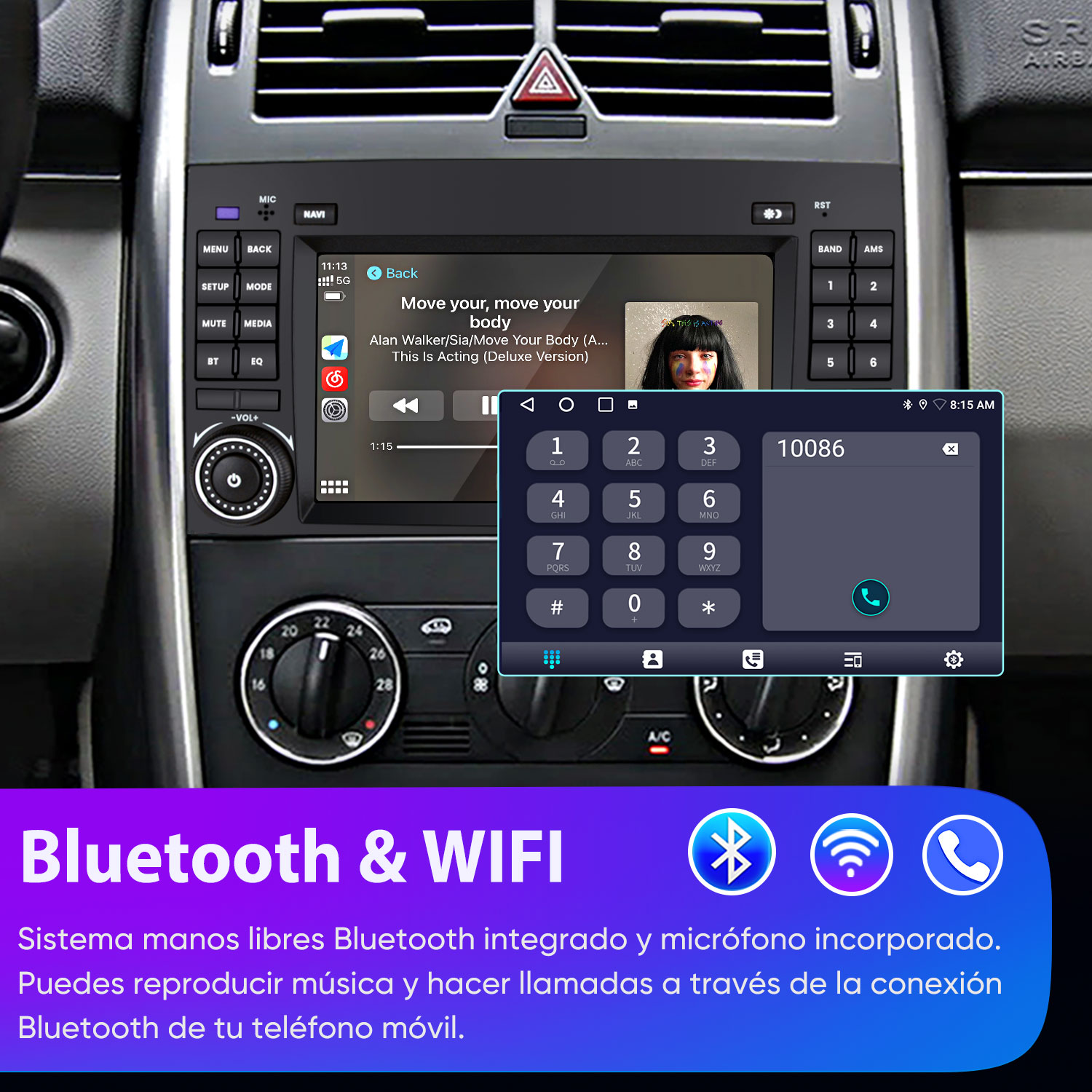 Un sistema de infoentretenimiento de coche muestra música y un teclado.