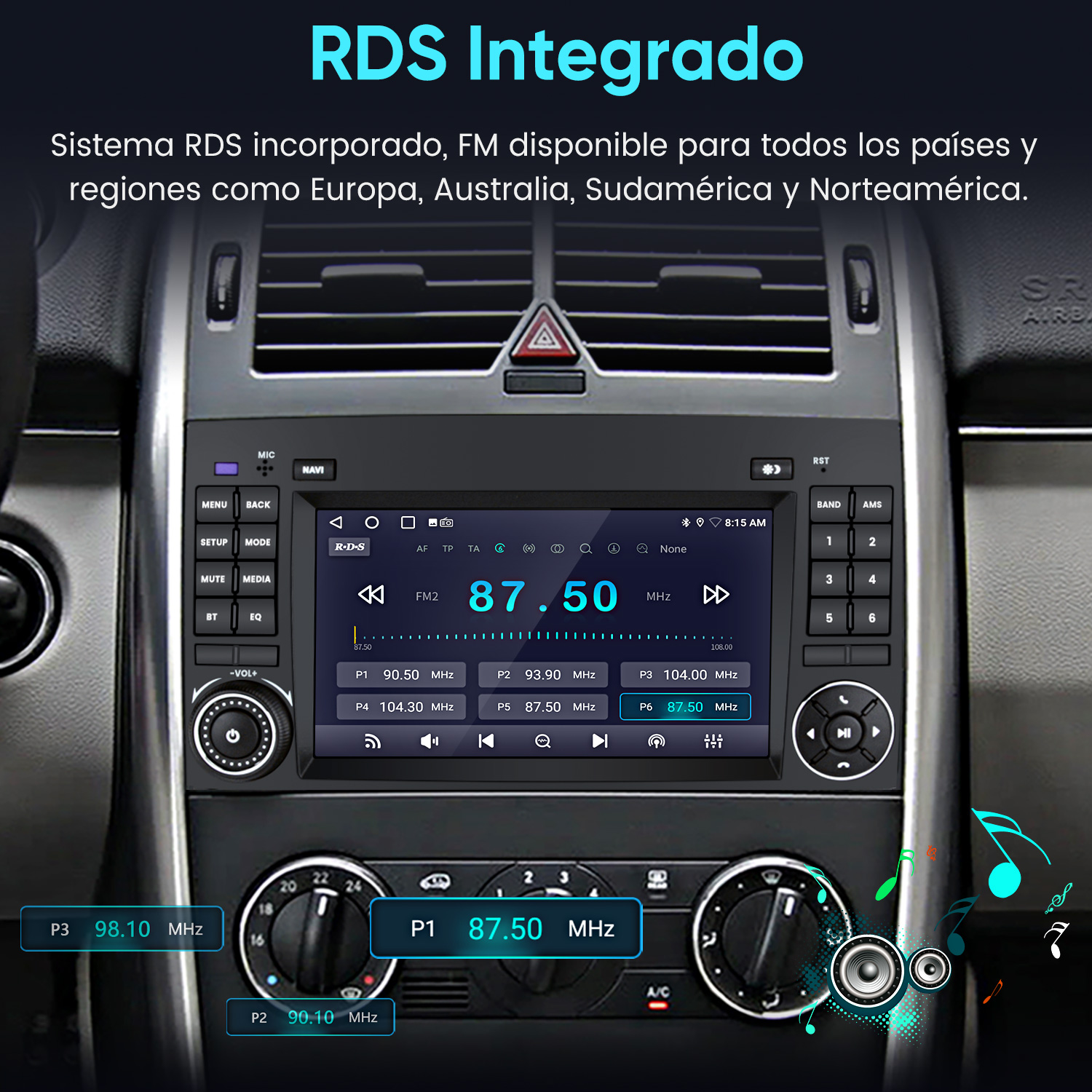 Sistema de infoentretenimiento para coche con función RDS que muestra emisoras FM.