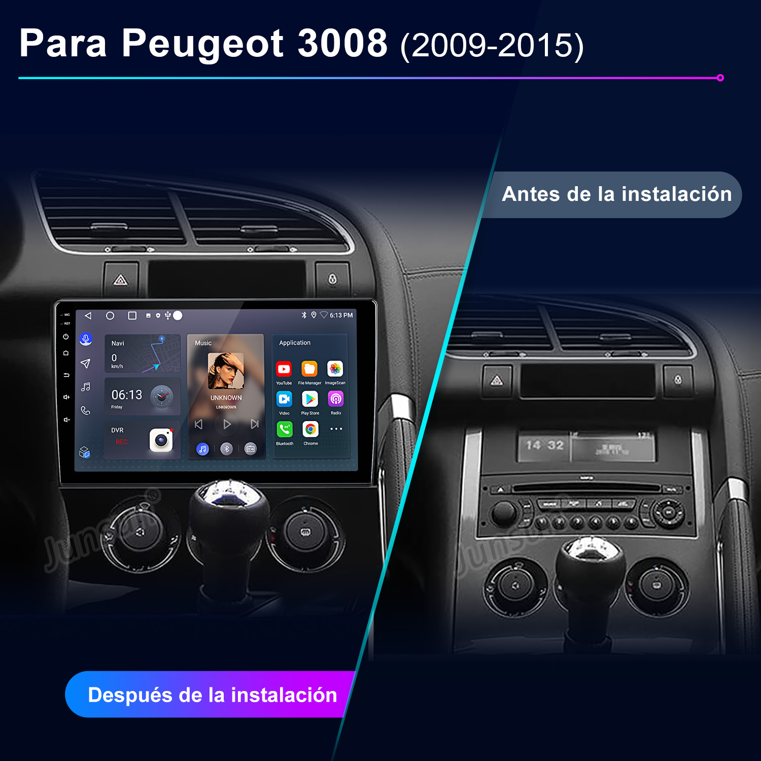 Salpicadero de coche Peugeot 3008 antes y después de instalar una pantalla.