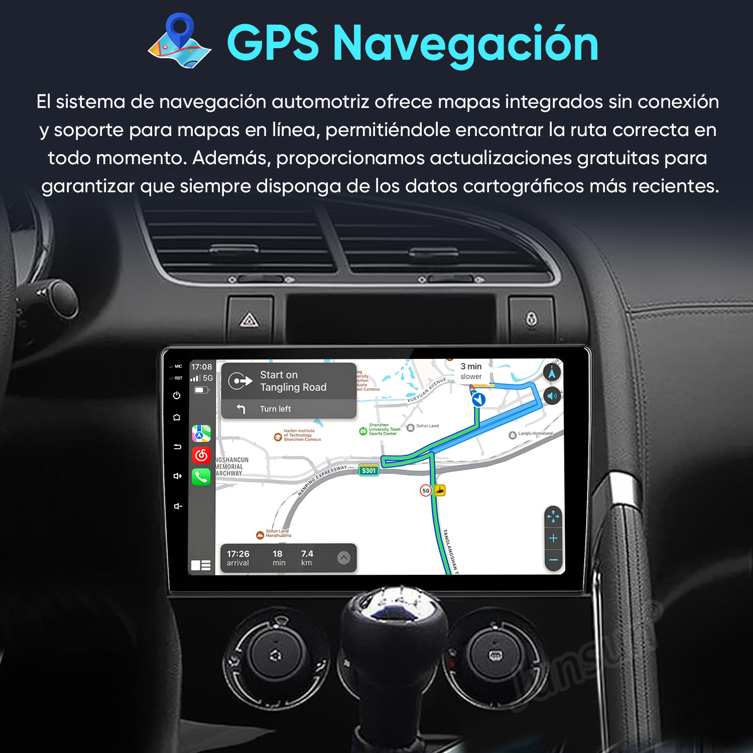 Pantalla de navegación GPS de coche mostrando una ruta.