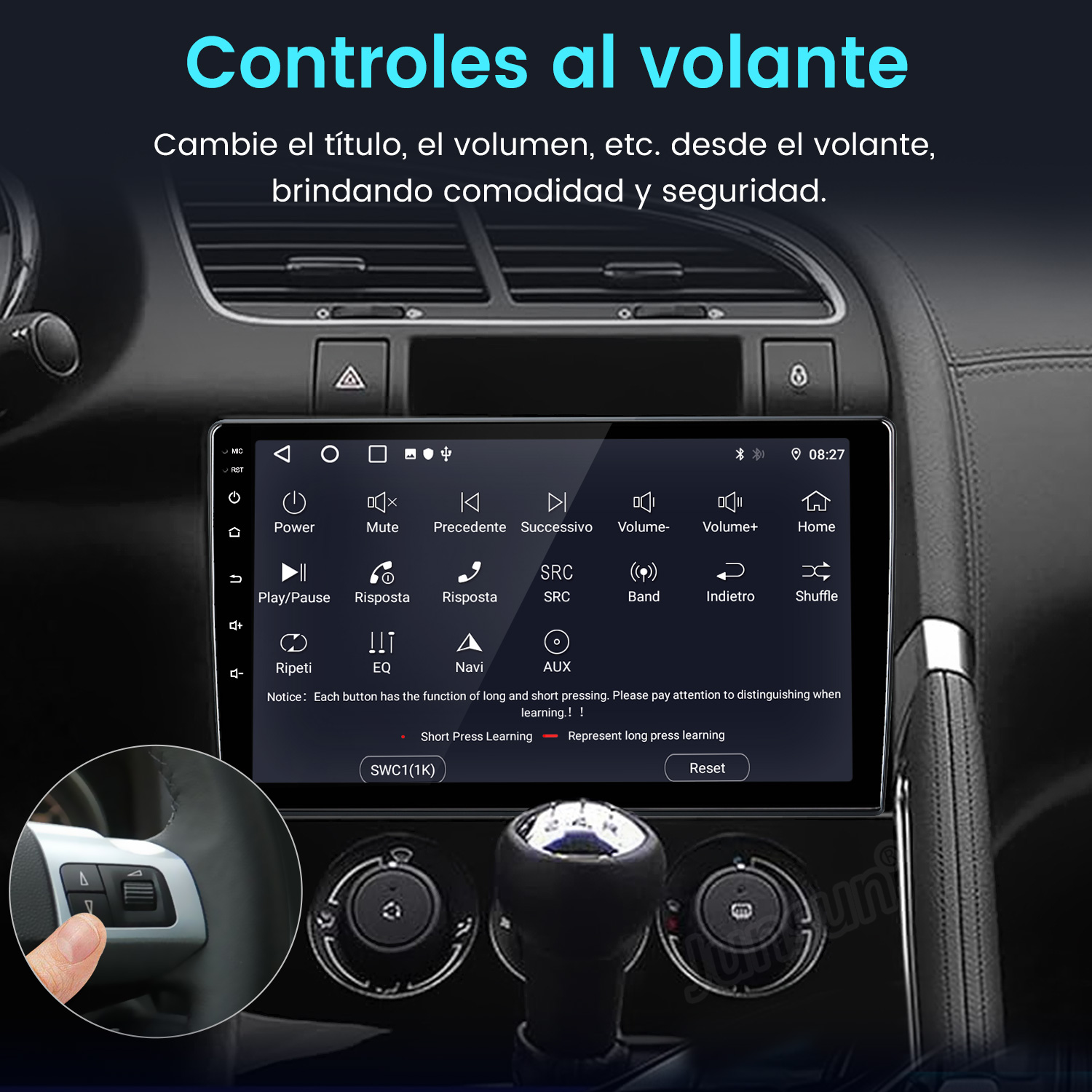 Interior de coche con pantalla táctil mostrando controles del volante.
