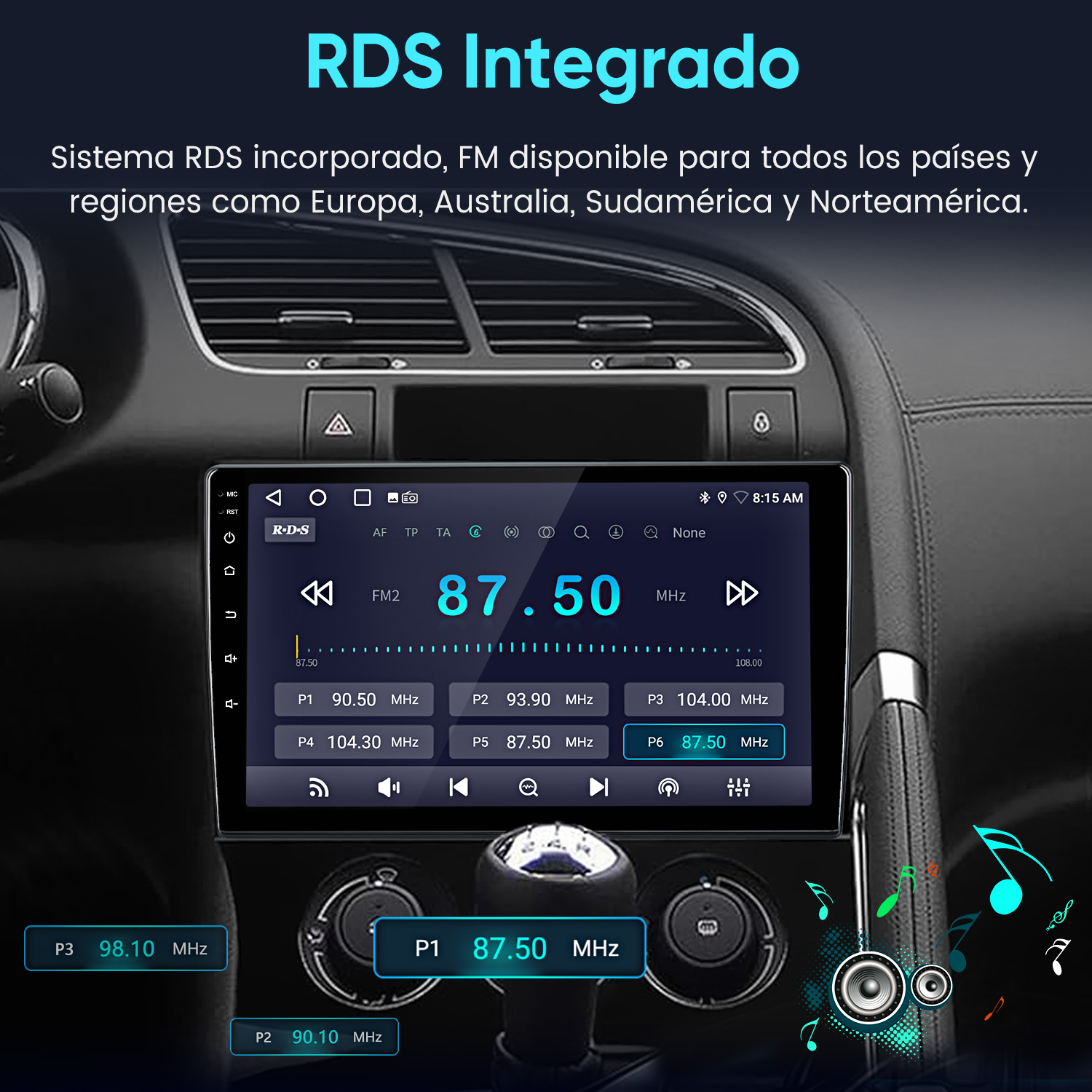 Radio de coche con pantalla RDS integrada, frecuencias y emisoras FM.