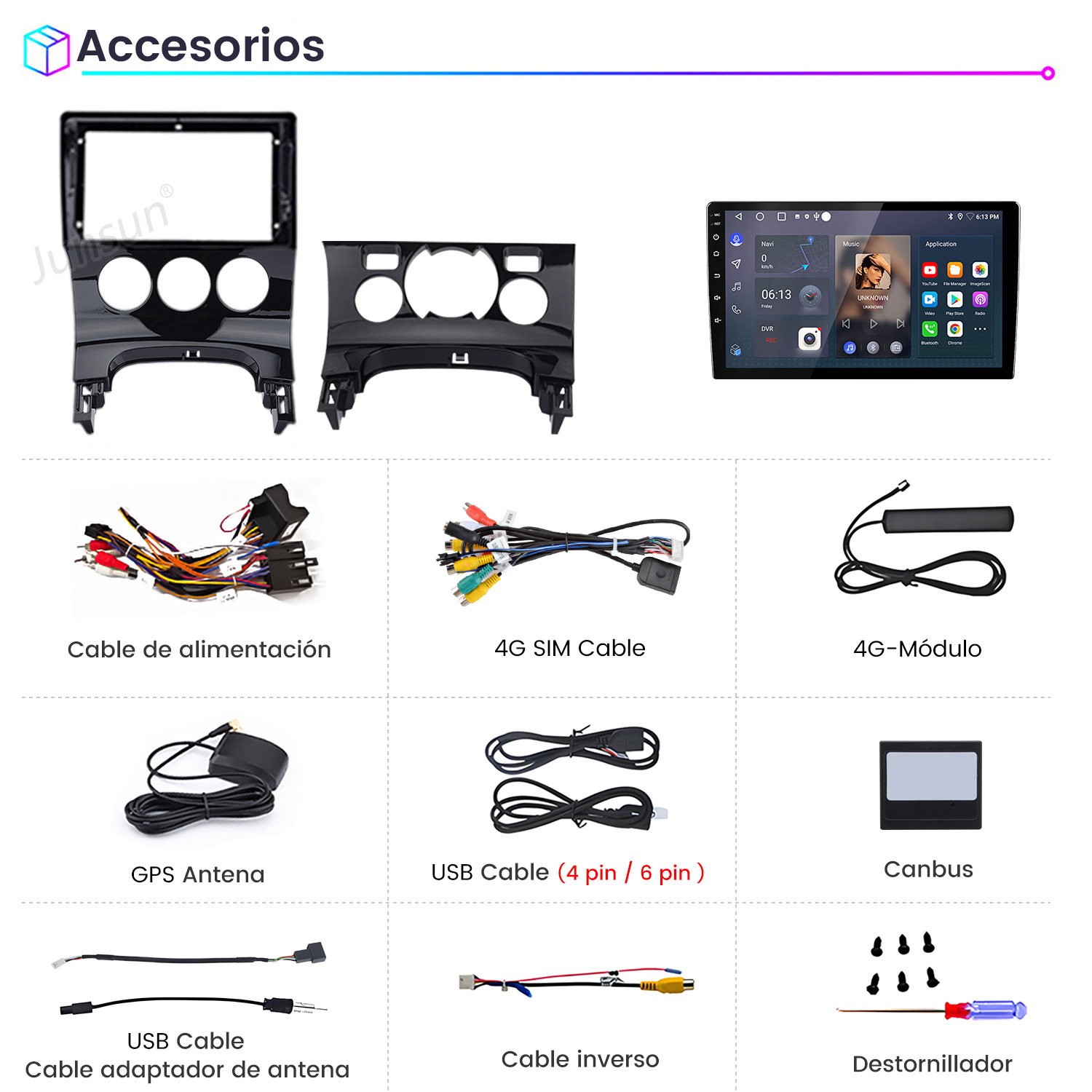 Accesorios: Marco, pantalla de radio de coche, varios cables, antenas, Canbus y destornillador.