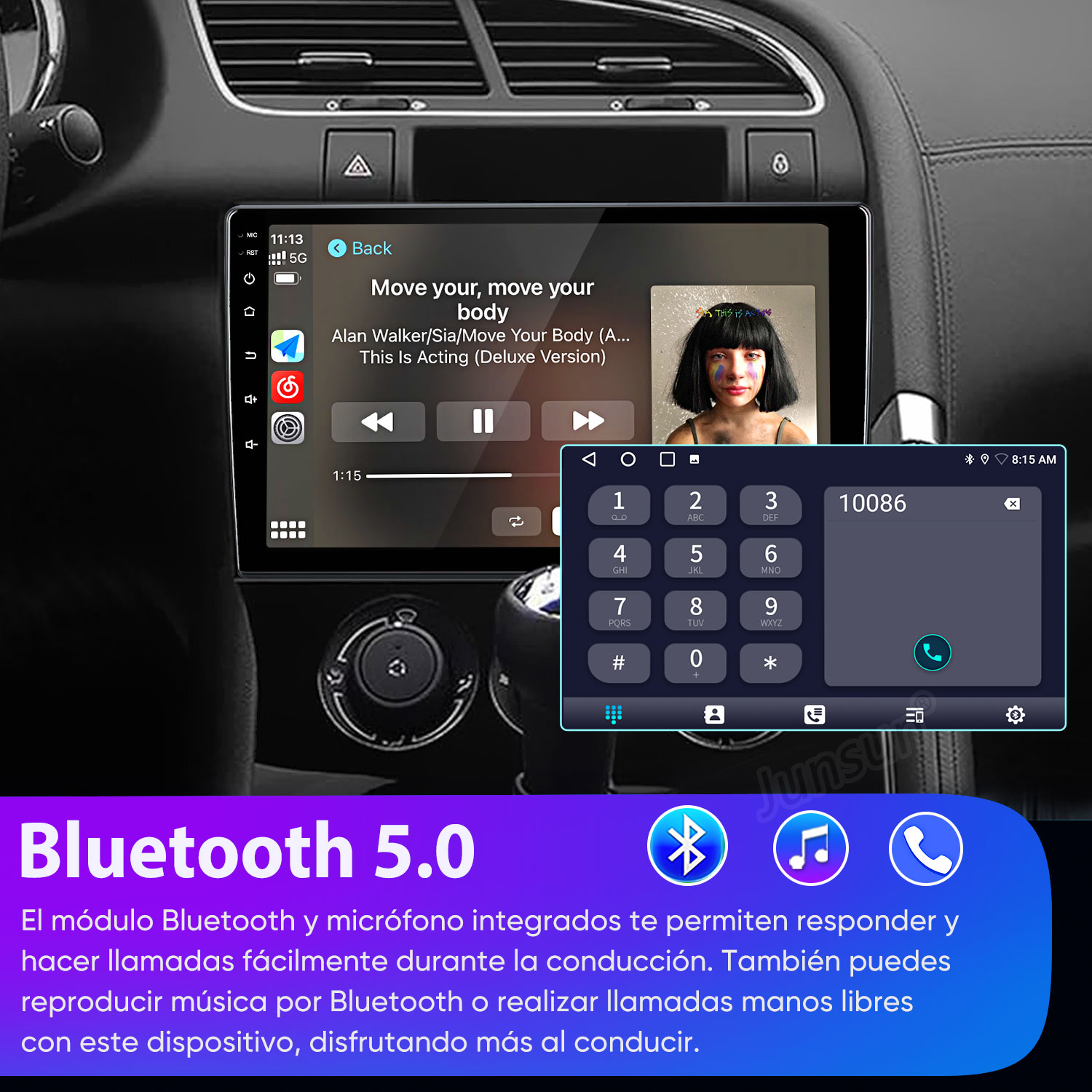 Pantalla de infoentretenimiento de coche con reproductor y marcador. Texto "Bluetooth 5.0".