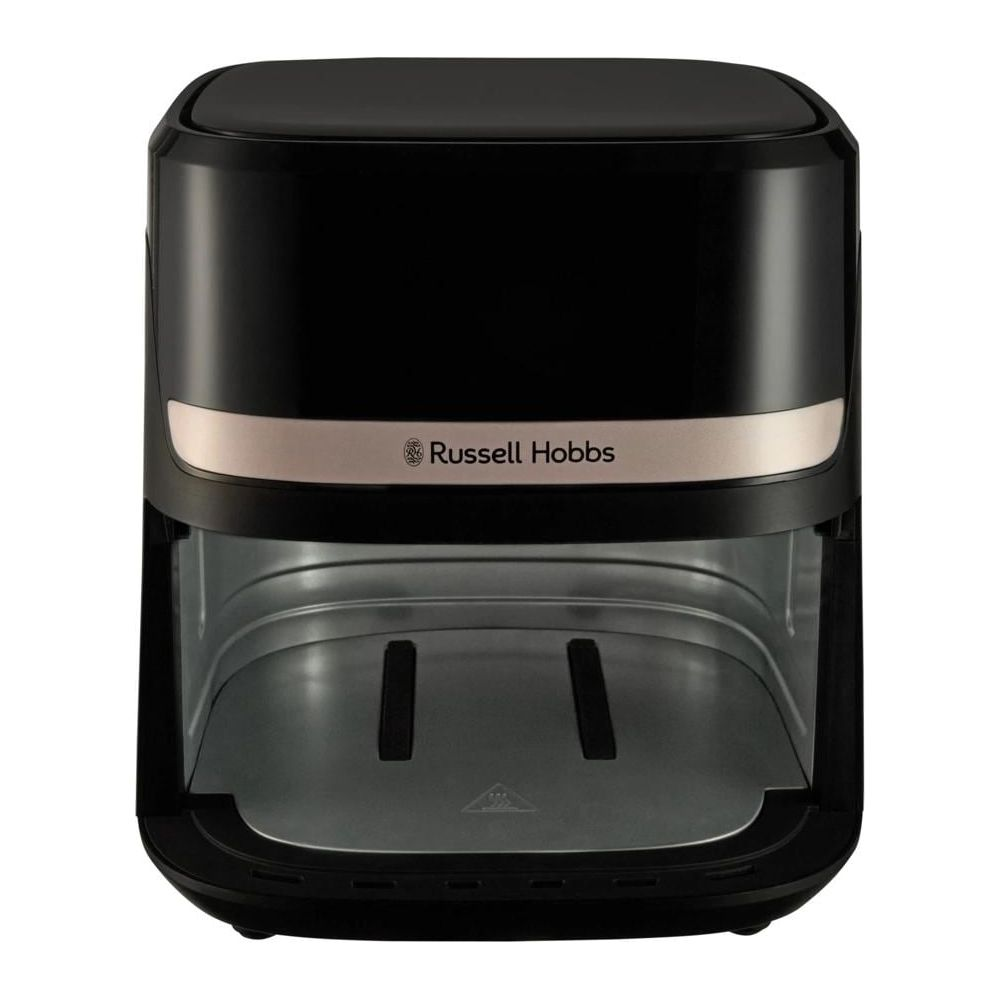 Una friggitrice ad aria Russell Hobbs nera con striscia oro rosa e interno argento.