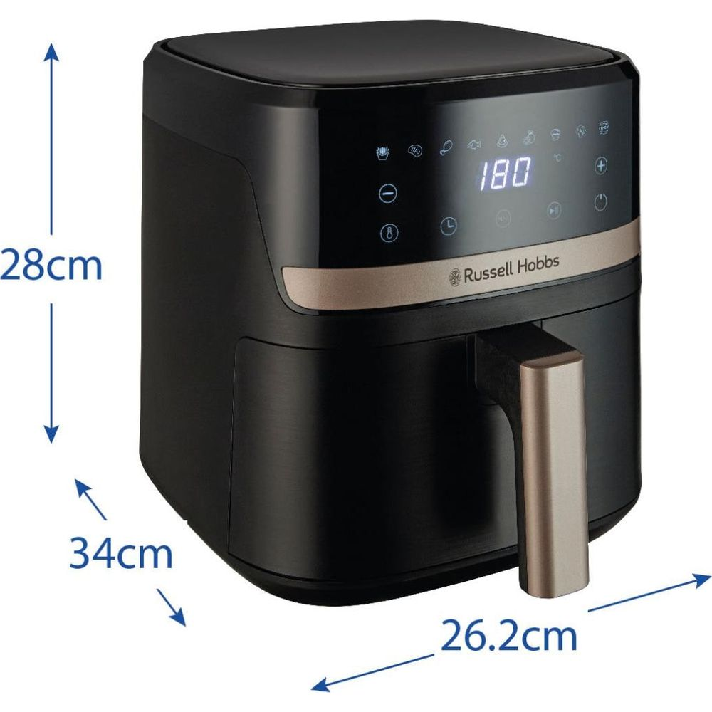 Friggitrice ad aria Russell Hobbs nera con display digitale e dimensioni.