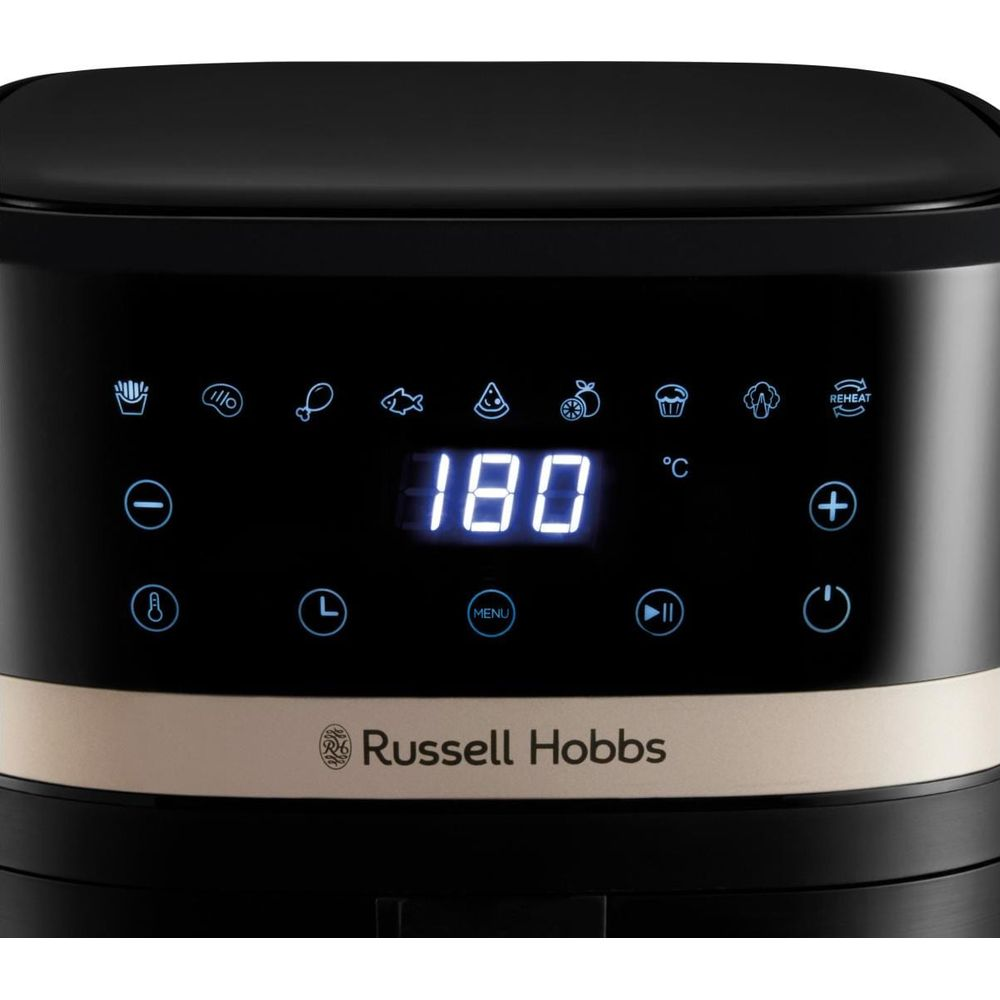 Friteuse à air Russell Hobbs nera, display mostra 180 gradi Celsius con icone.