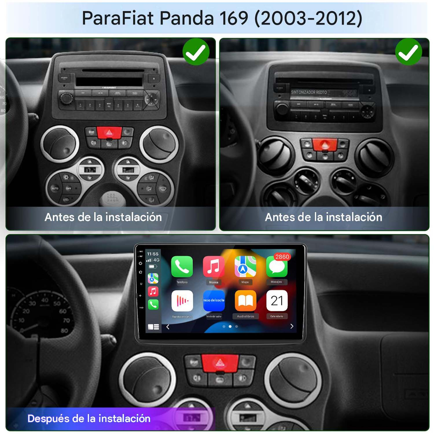 Comparativa antes y después de un autorradio Fiat Panda con mejora táctil.