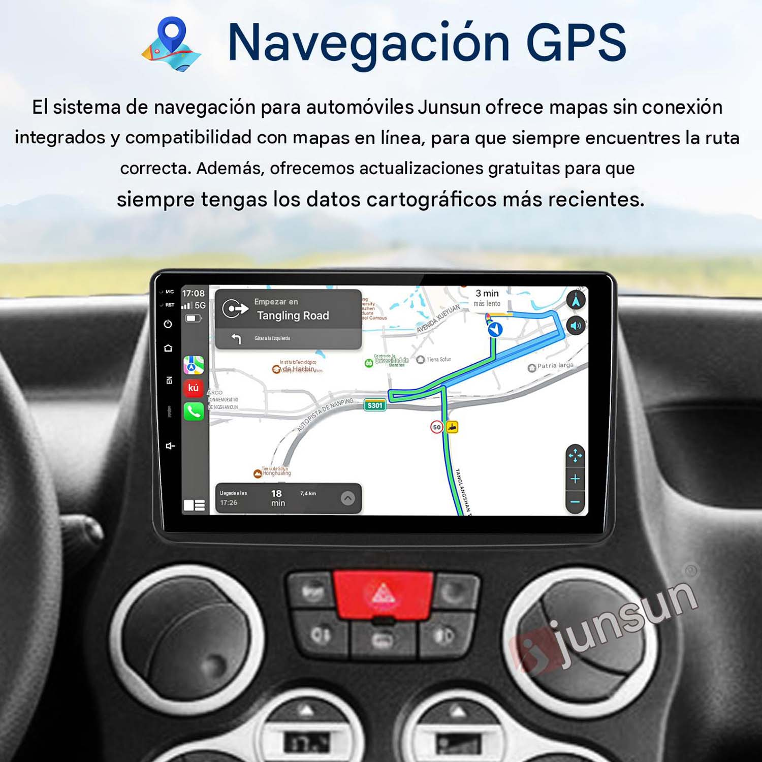 Un sistema de navegación GPS de coche muestra un mapa con planificación de ruta e info.