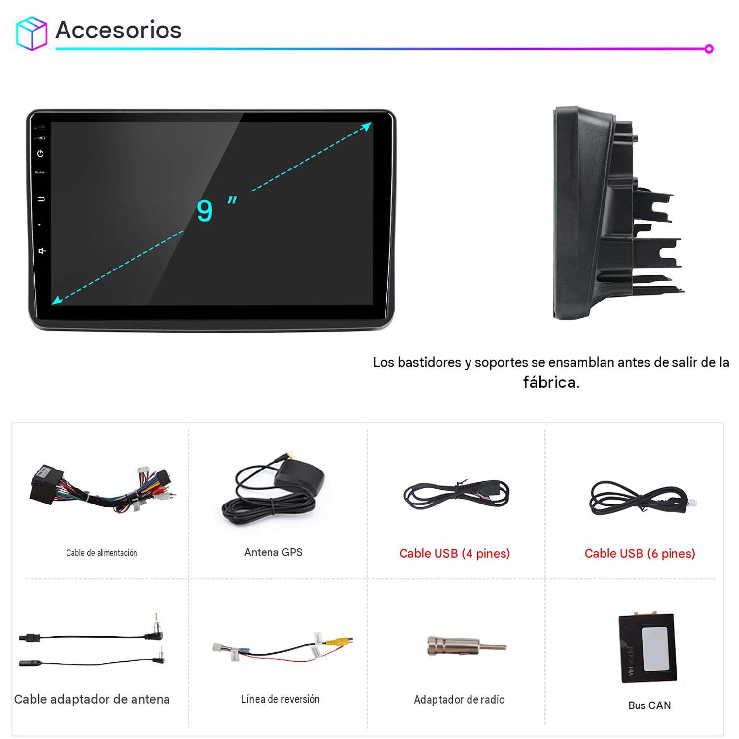 Accesorios de autorradio de 9 pulgadas: cables, antenas, USB, adaptadores.