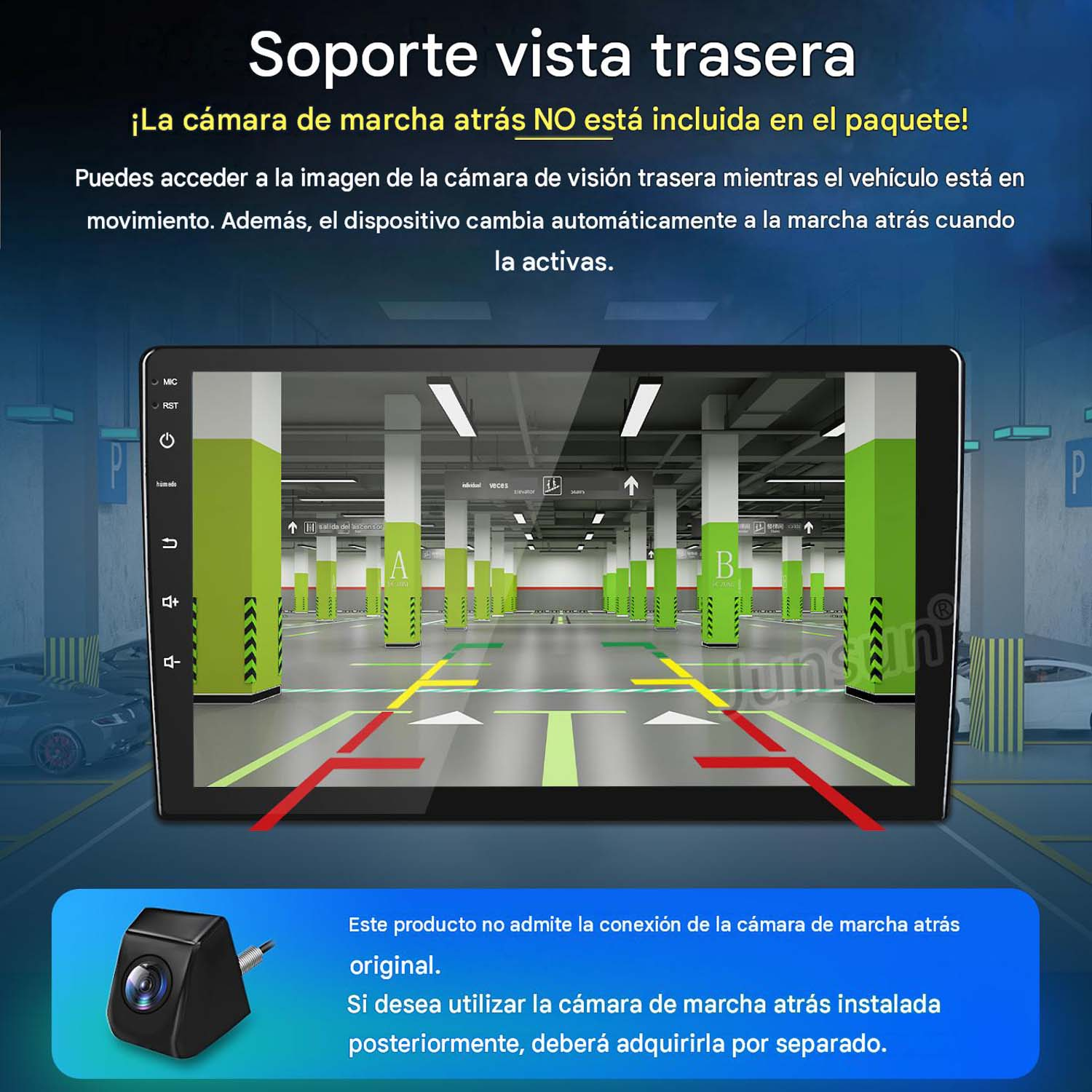 Estéreo de coche muestra garaje con líneas guía y cámara de marcha atrás.
