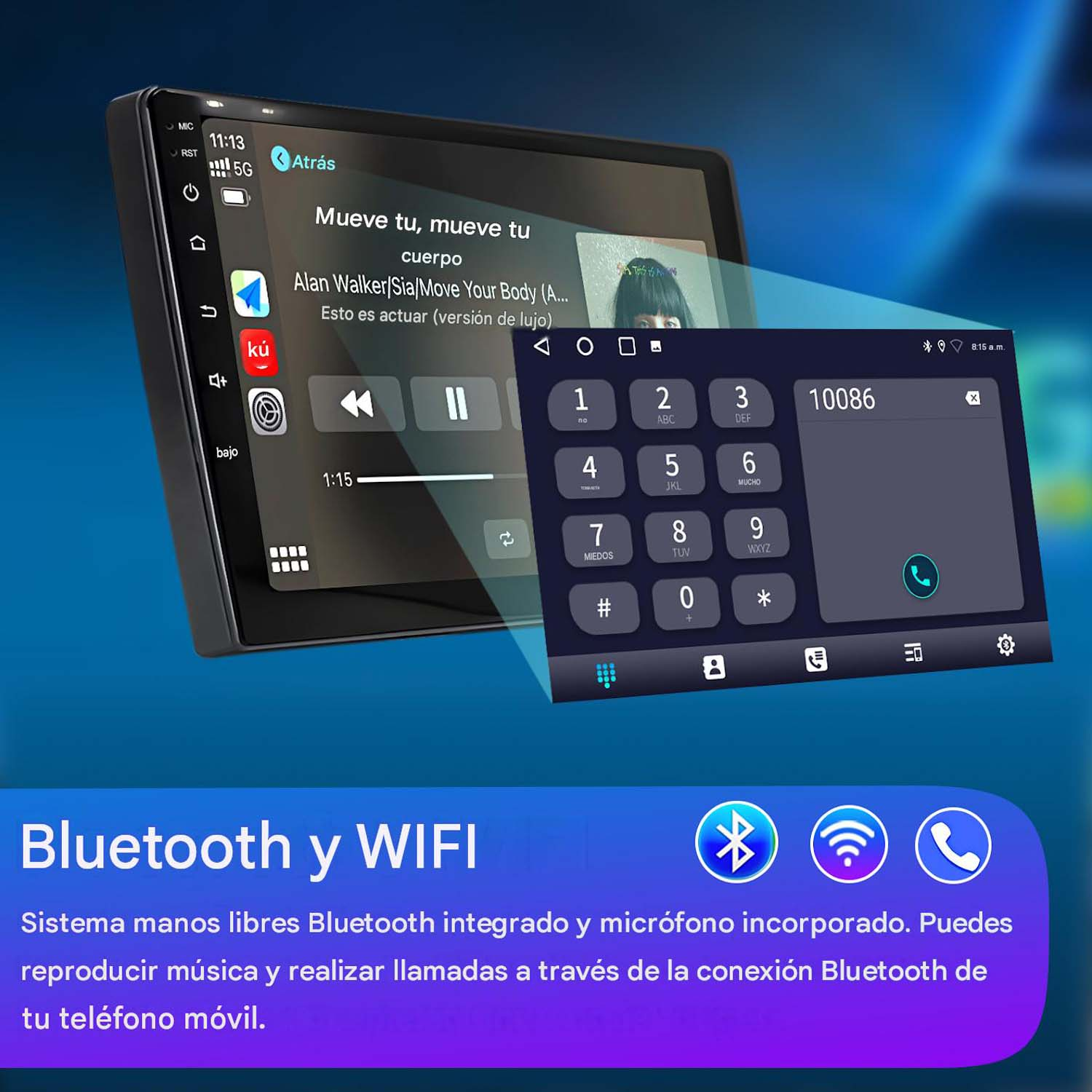Un autorradio muestra música y teclado numérico. Abajo hay iconos de Bluetooth, Wi-Fi y llamada.