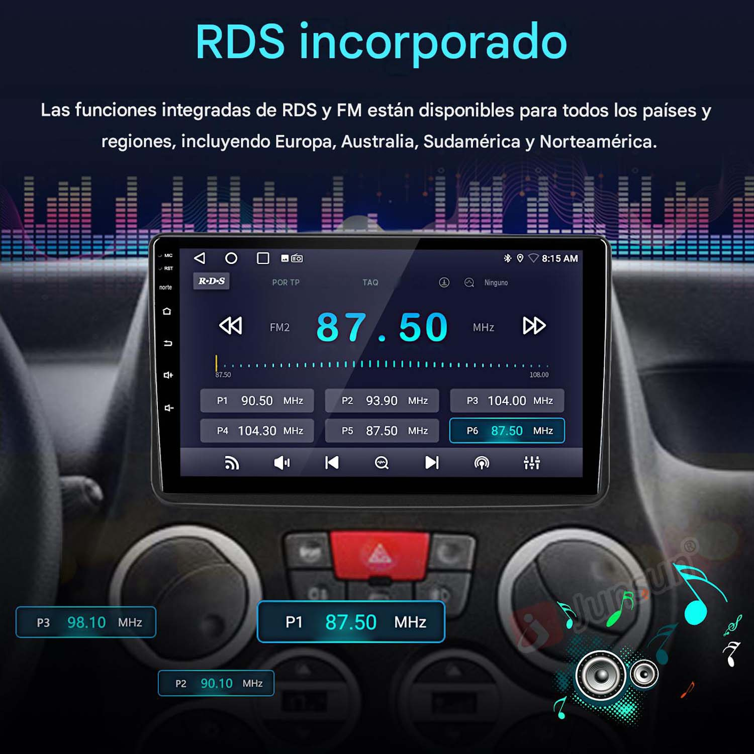Pantalla de radio de coche muestra funciones RDS y FM con frecuencias.
