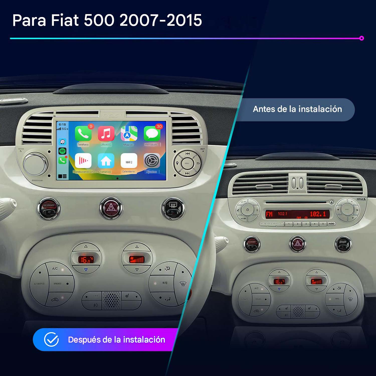 Comparación antes/después del salpicadero del Fiat 500 con nuevo sistema multimedia.
