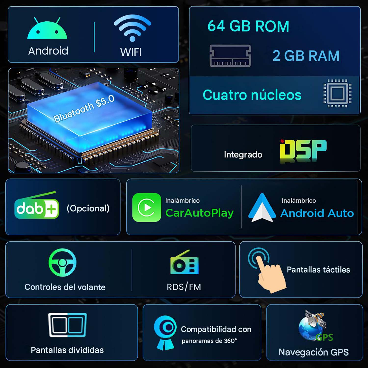 Especificaciones: Android, WiFi, 64GB ROM, 2GB RAM, Bluetooth 5.0, Quad Core, DSP.