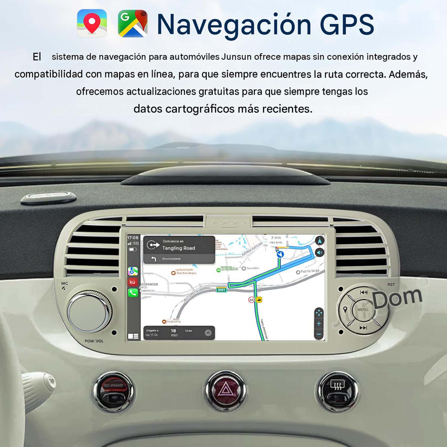 Vista interior de coche con navegación GPS en pantalla. Muestra un mapa con ruta.