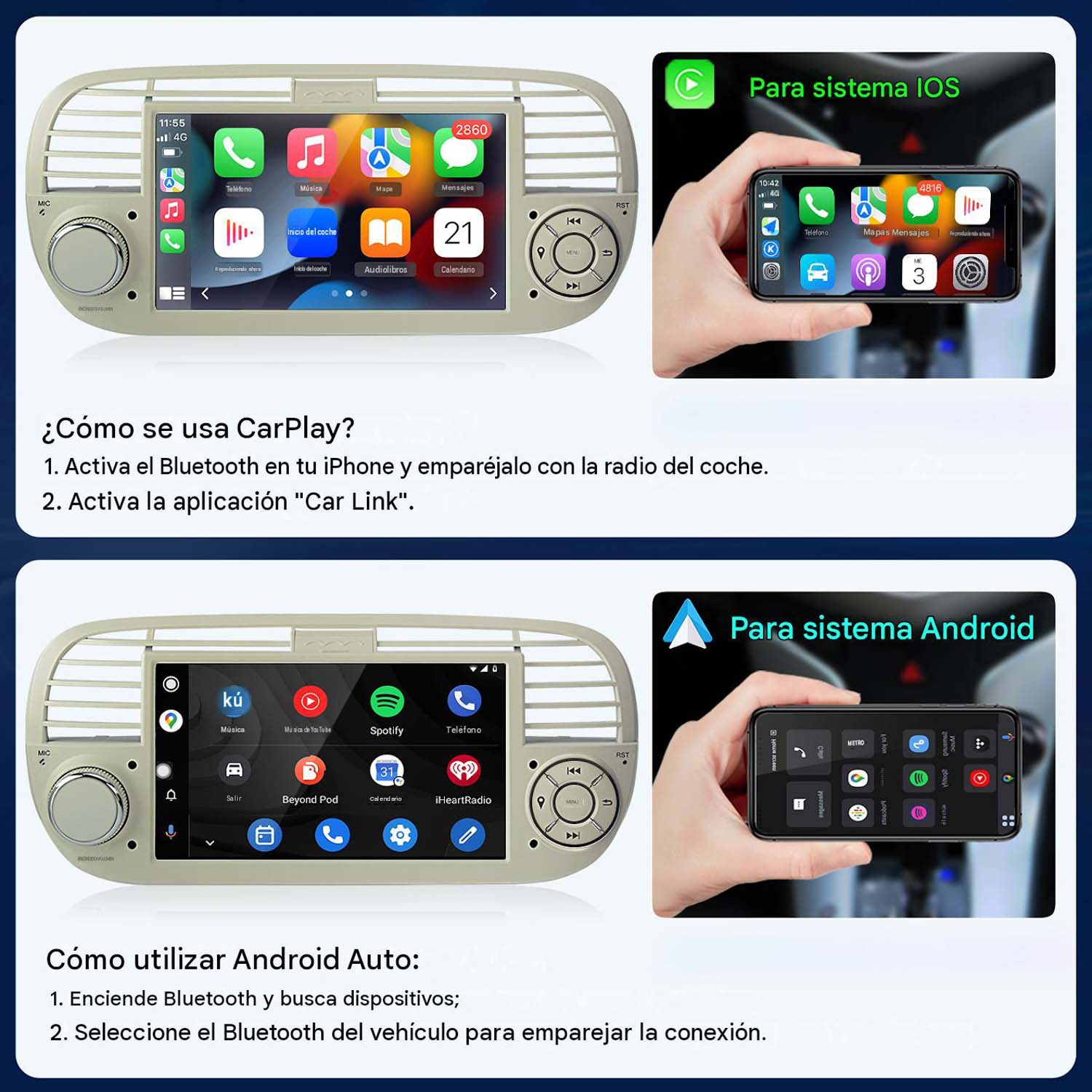 Pantallas de infoentretenimiento de coche para sistemas iOS y Android.