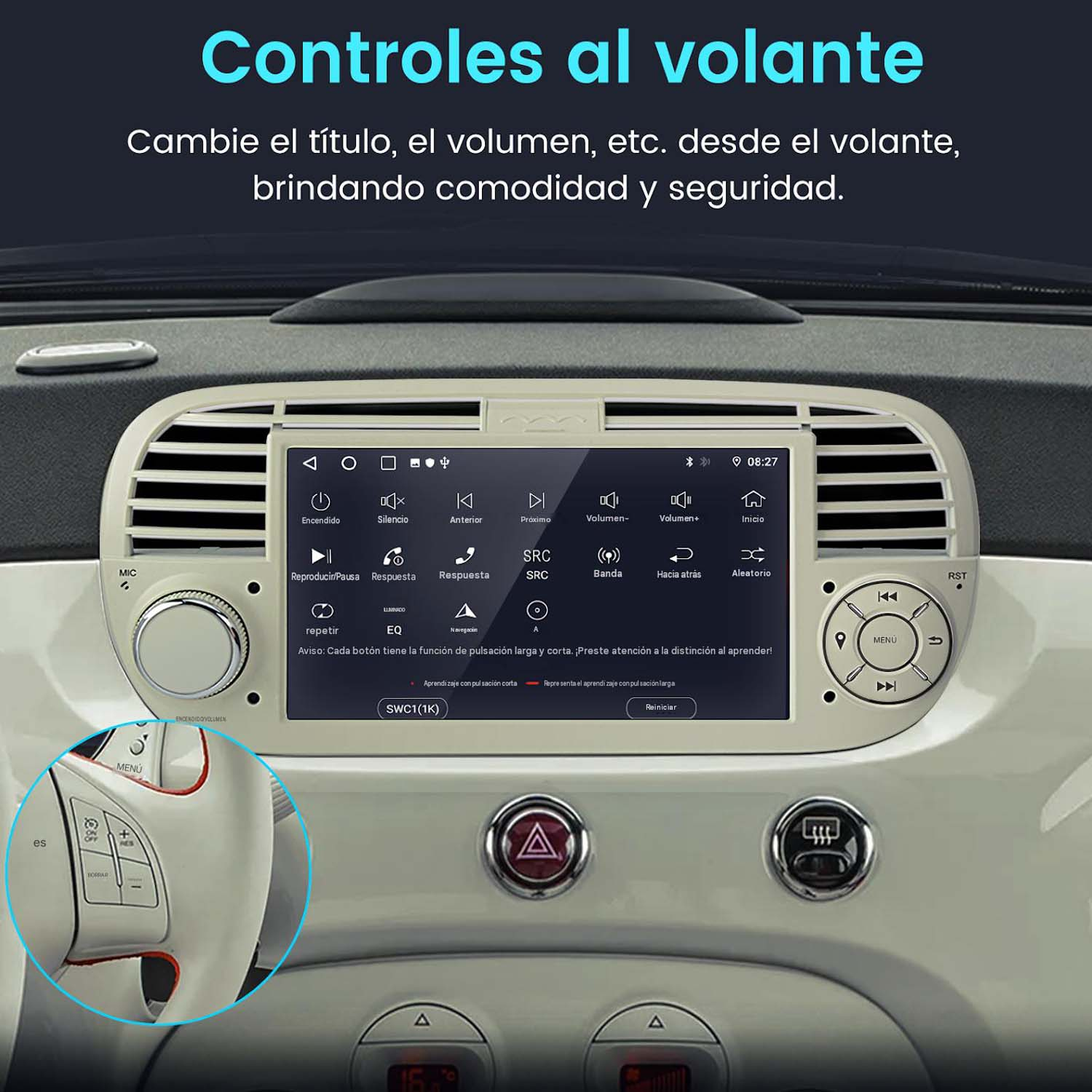 Un sistema de infoentretenimiento de coche con controles en el volante.