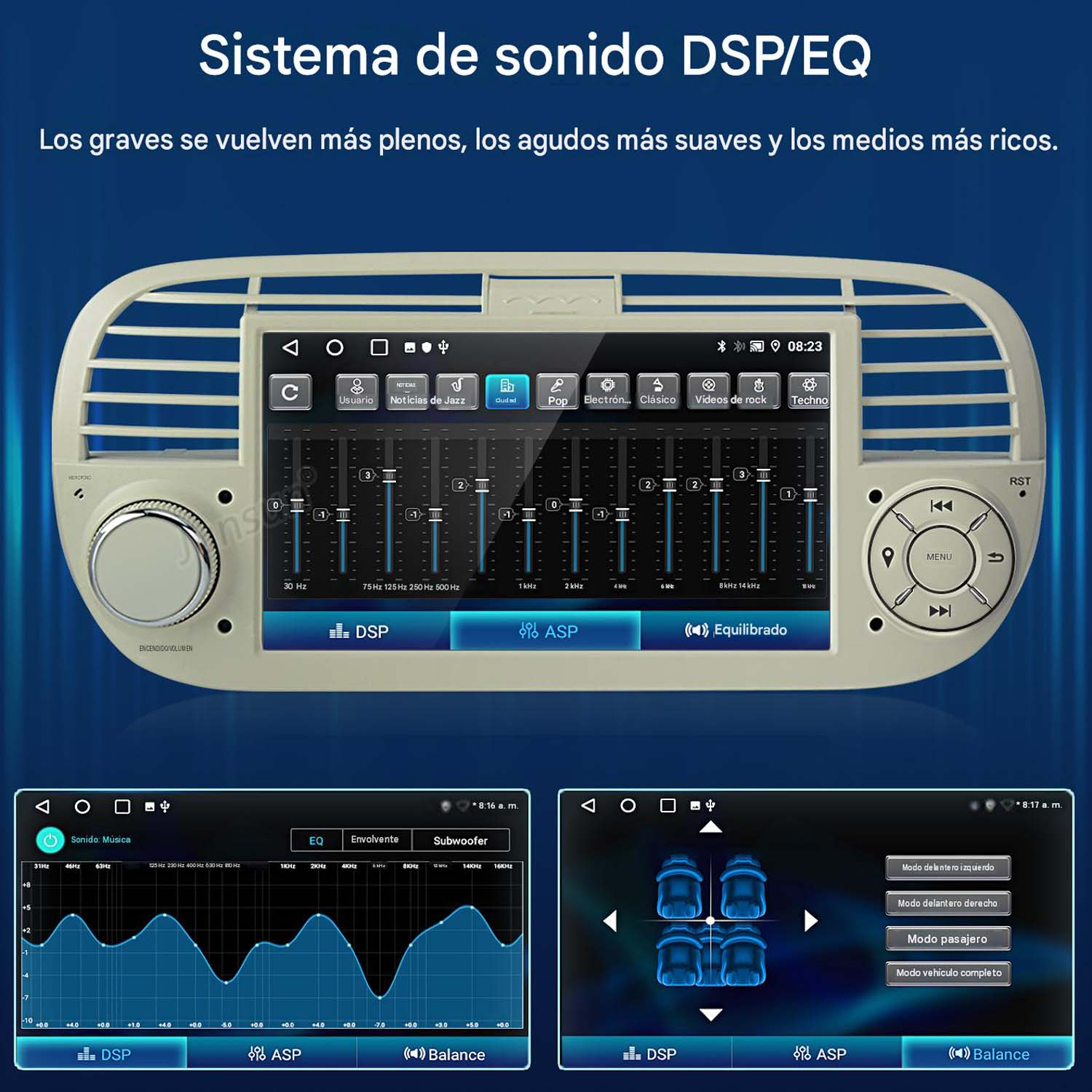 Un sistema DSP/EQ para coche que muestra ecualizador y ajustes de sonido en dos pantallas.